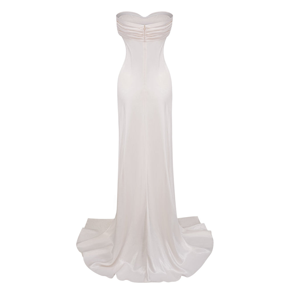 Lilla Beige Strapless Ruffled Satin Maxi Dress  (Final Sale-US Only)
