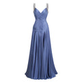 Angelína Blue Diagonal Pleated Gathered Maxi Gown