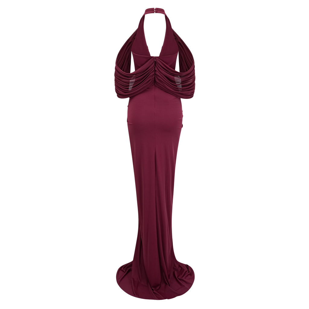 Eléa Red Cold Shoulder Draped Maxi Dress