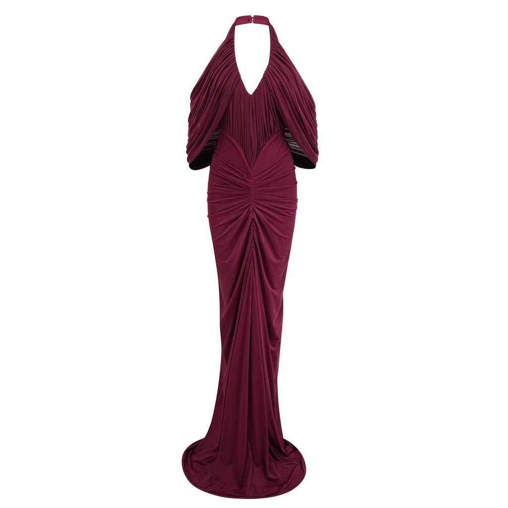 Eléa Red Cold Shoulder Draped Maxi Dress