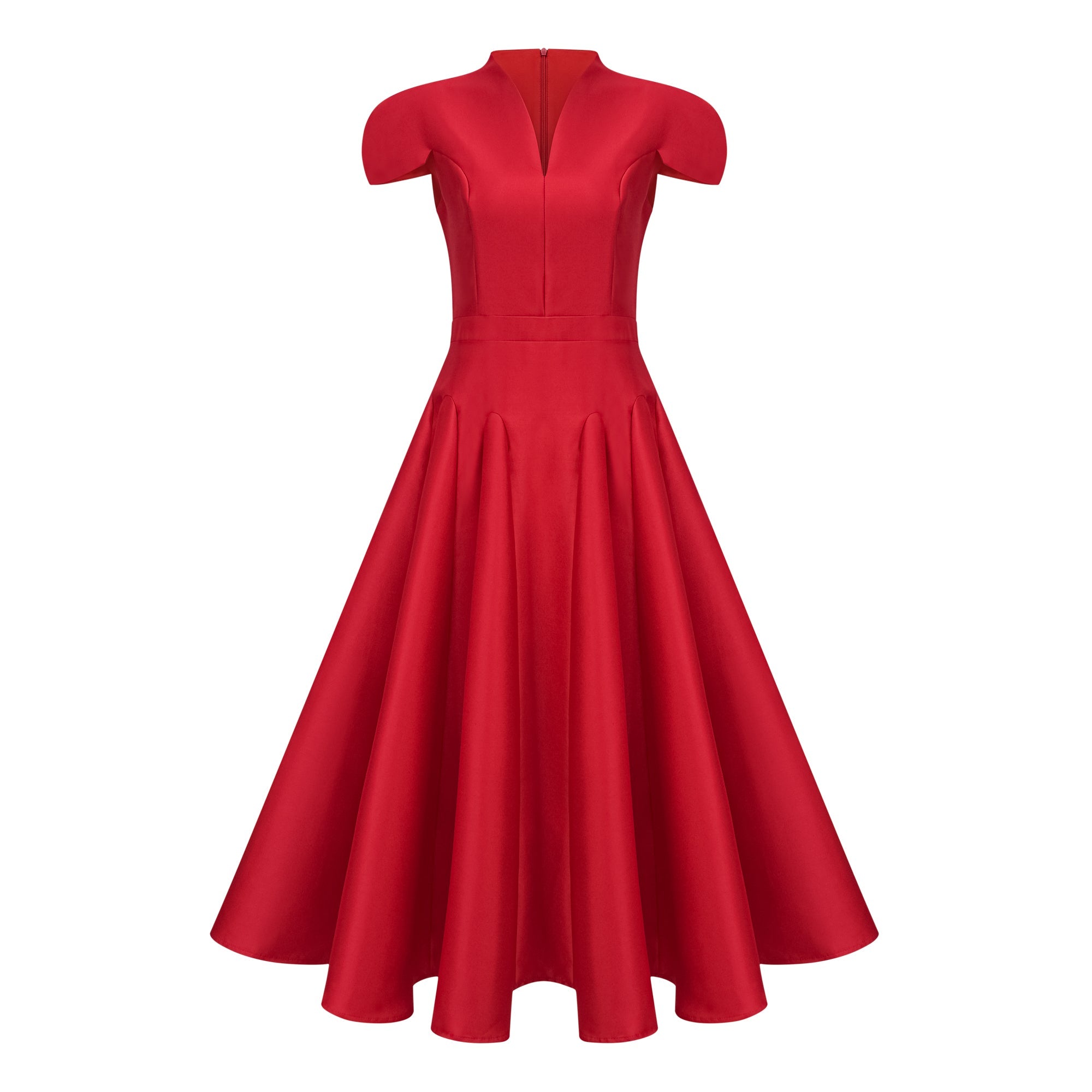 Vestido midi rojo de diseño godet Aventin, de la marca Final Sale, con estilo elegante y detalles llamativos.