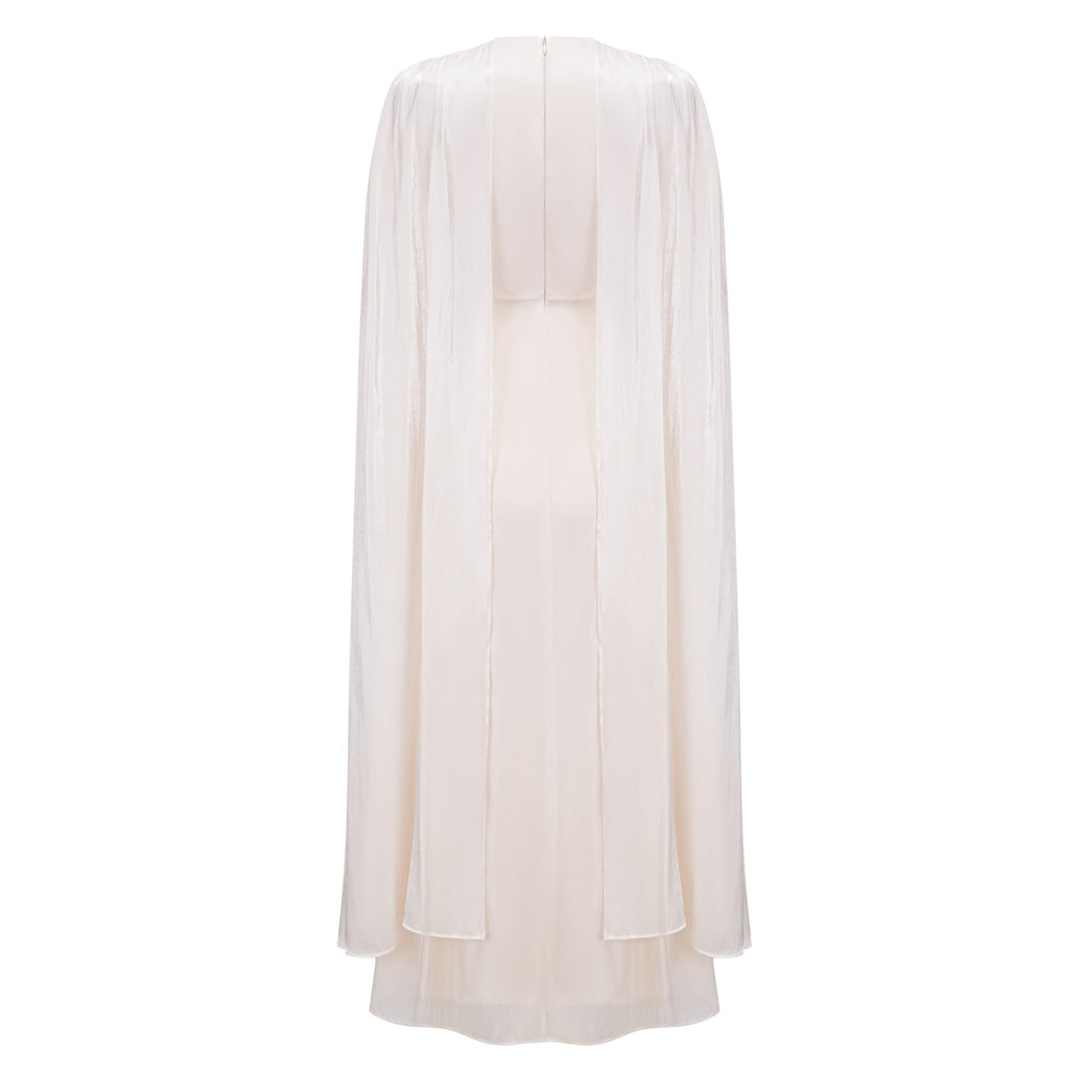 Hege Cream Glossy Ruched Cape Maxi Dress (Final Sale-US Only)