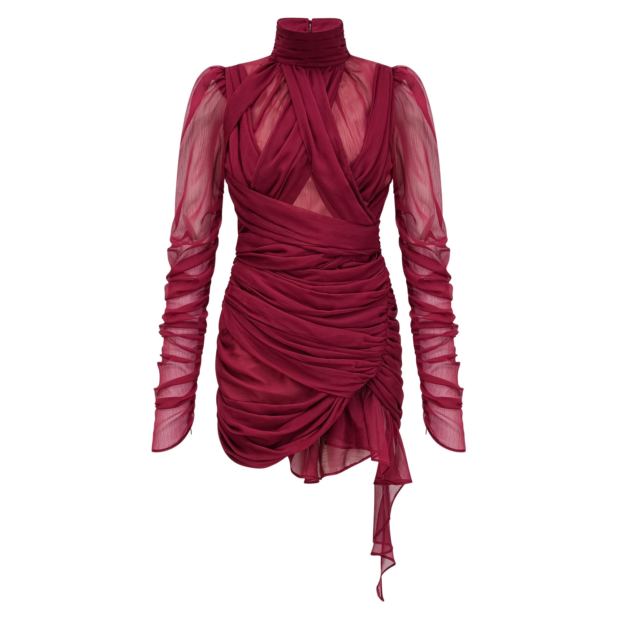 Vestido mini asimétrico burdeos Théa con ruched, estilo ajustado y elegante, mostrado en la imagen.