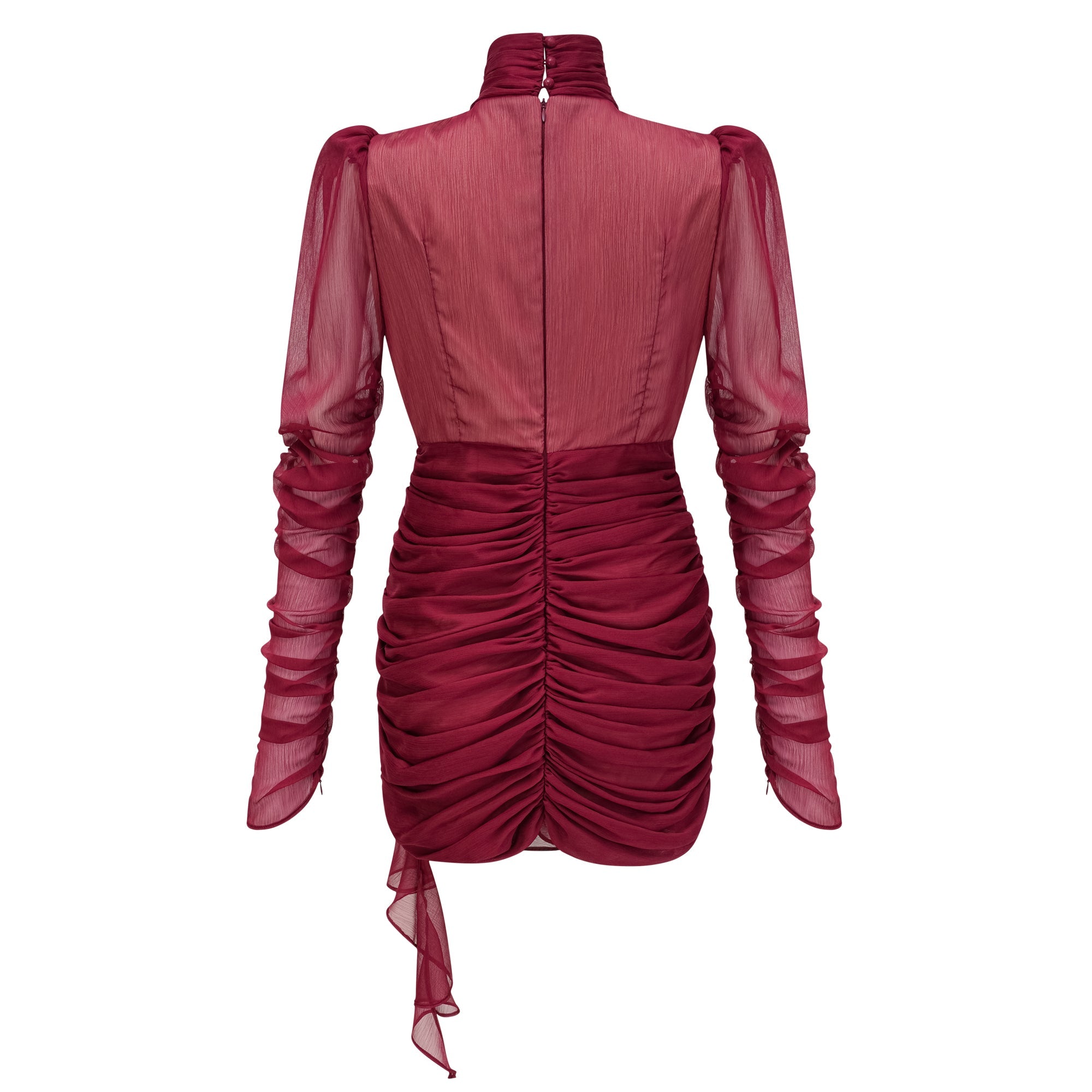 Vestido mini asimétrico burgundy Théa con fruncido y estilo elegante, ideal para ocasiones especiales.