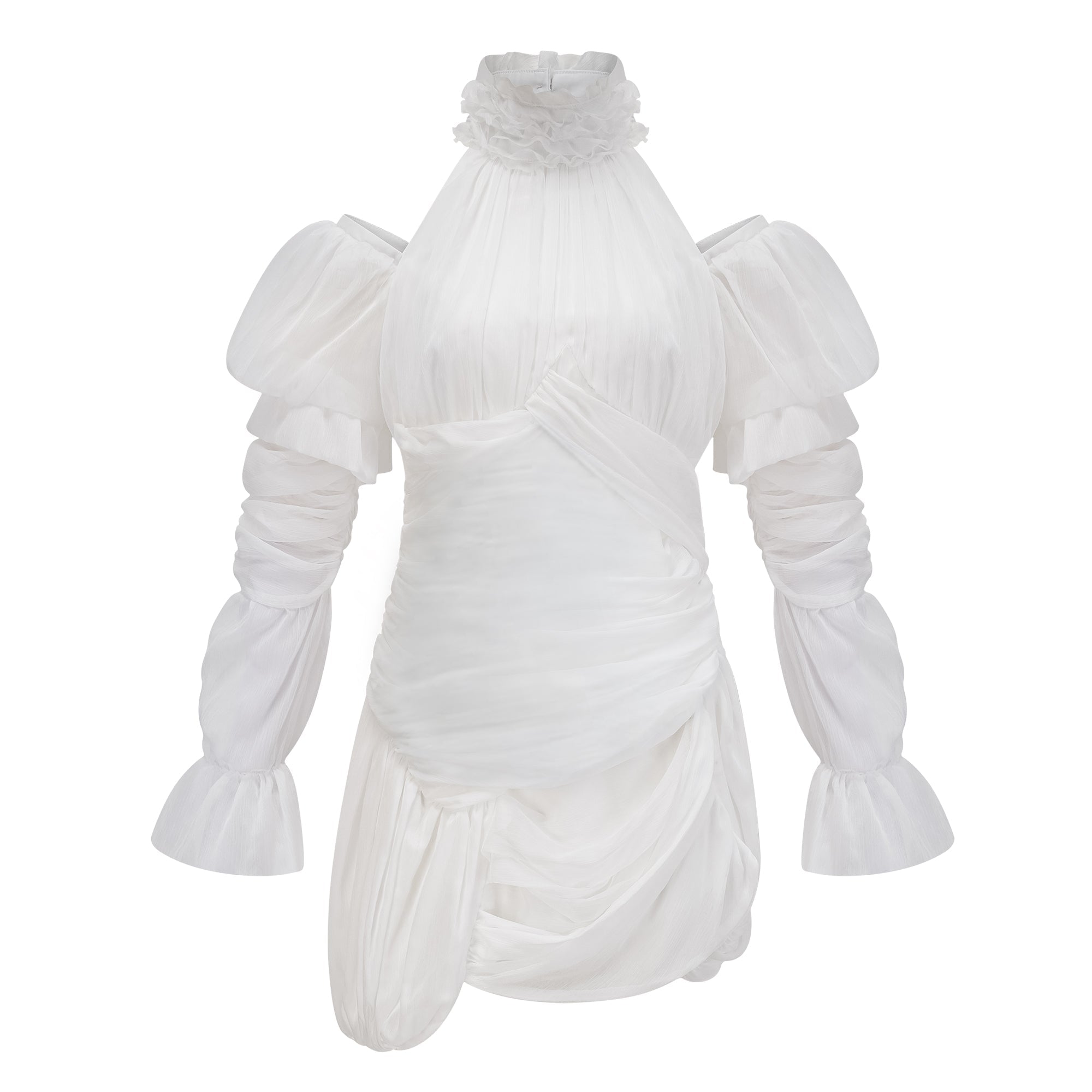 Vestido mini asimétrico blanco con fruncido de Déotille, estilo moderno y elegante, mostrado en una imagen en color blanco.