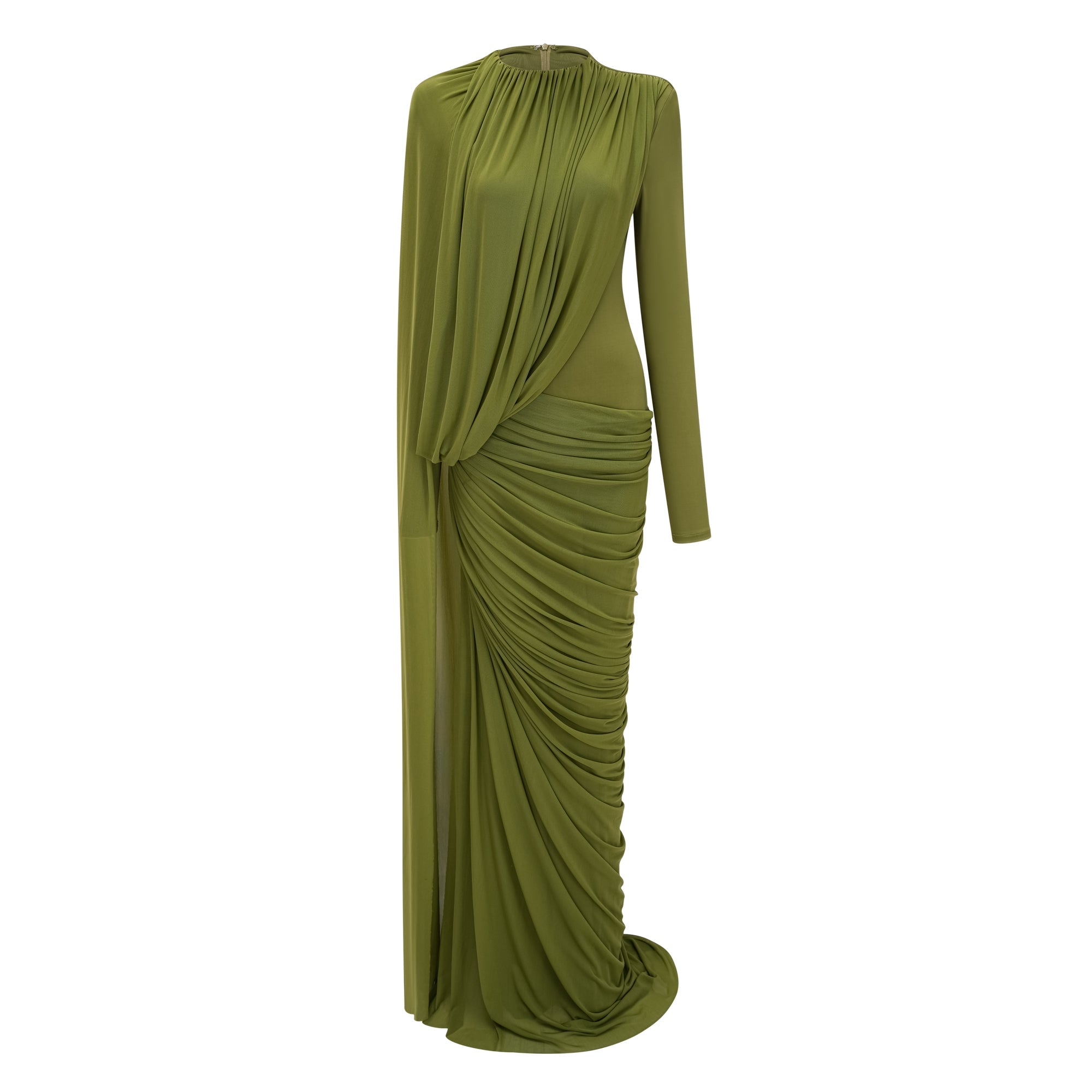 Vestido maxi de novia Emilia verde con drapeado asimétrico y cinta, vestido largo y elegante para ocasiones especiales.