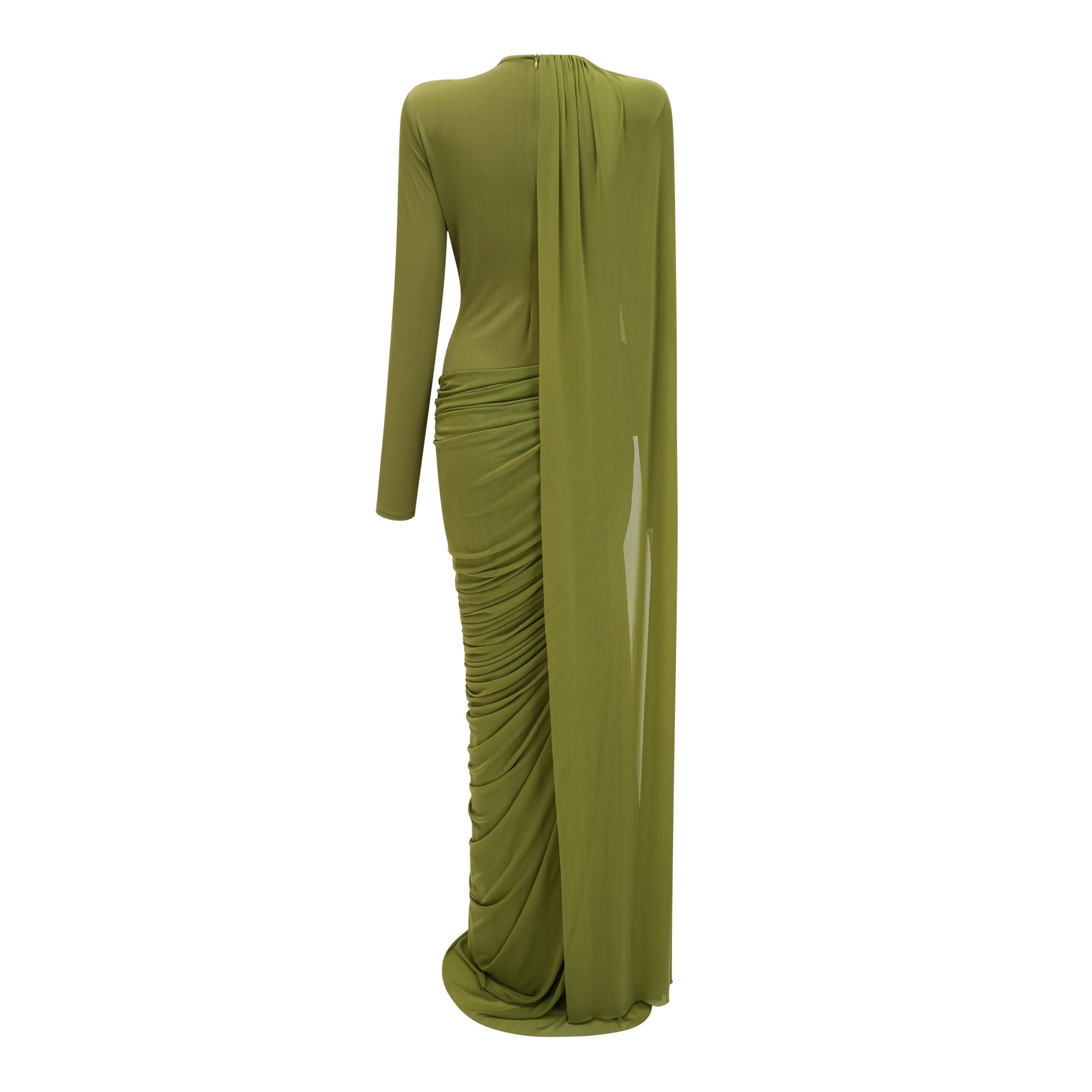 Vestido maxi asimétrico verde Emilia de Bridal con lazo drapeado y diseño elegante.