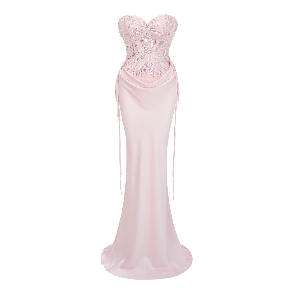 Conjunto de ropa de novia: corsé rosa Teodora y falda de satén elegante, en una imagen de la colección Bridal.