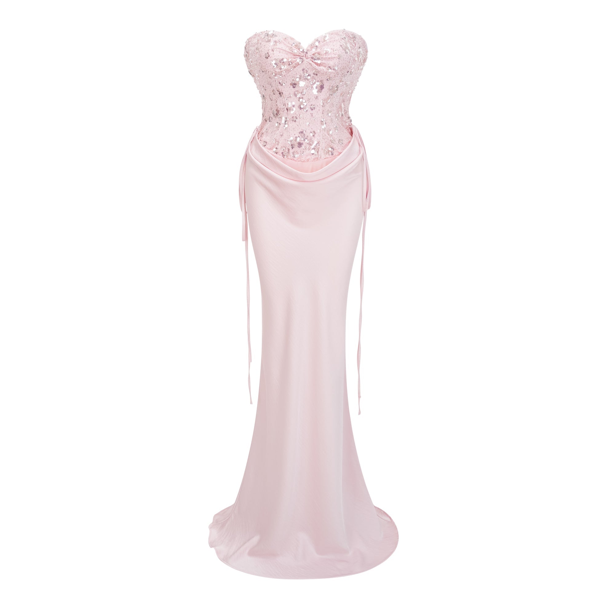 Conjunto de ropa de novia: corsé rosa Teodora y falda de satén elegante, en una imagen de la colección Bridal.