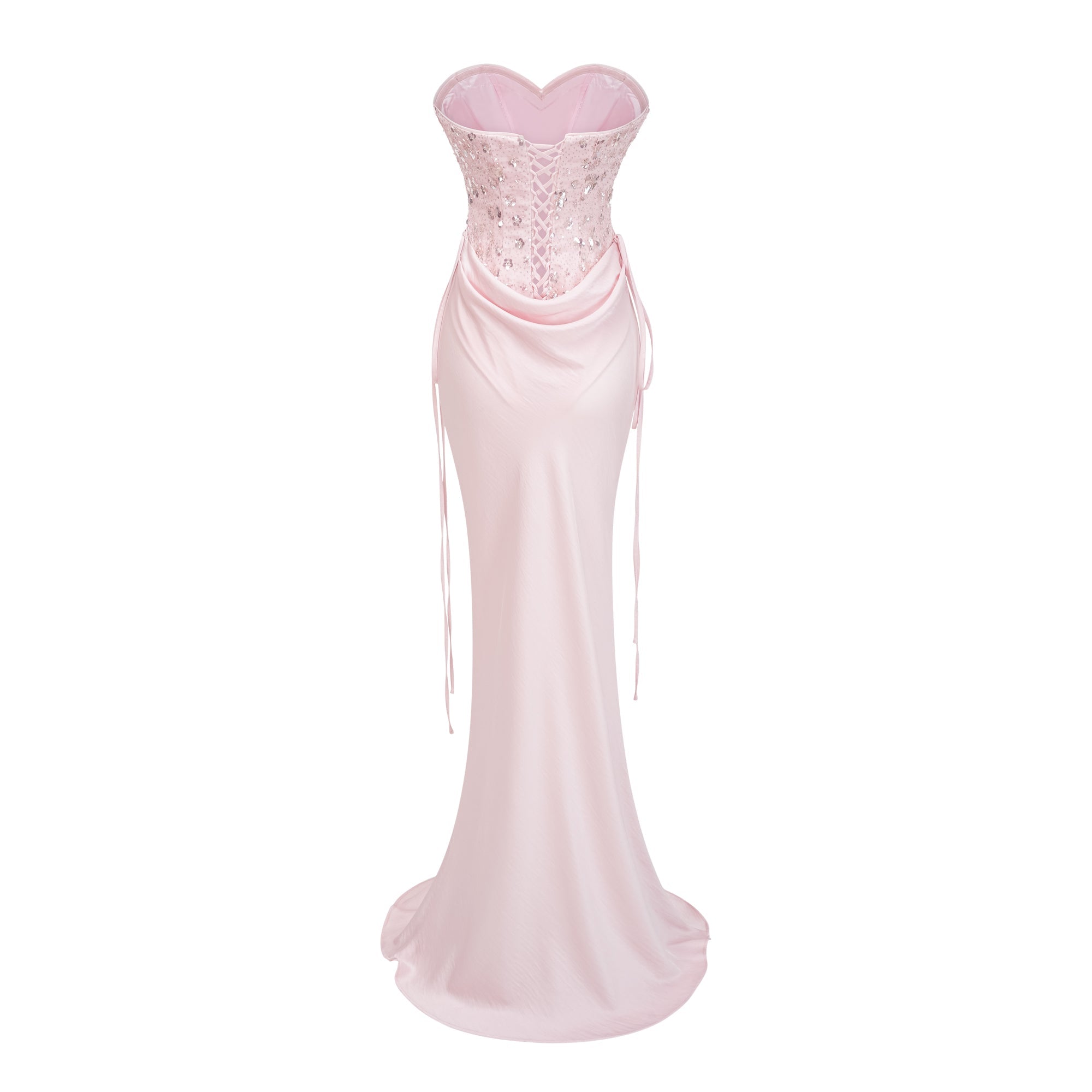 Conjunto de bodysuit corset rosa y falda de satén de Bridal, con detalles elegantes y ajustados en la parte superior y falda fluida.