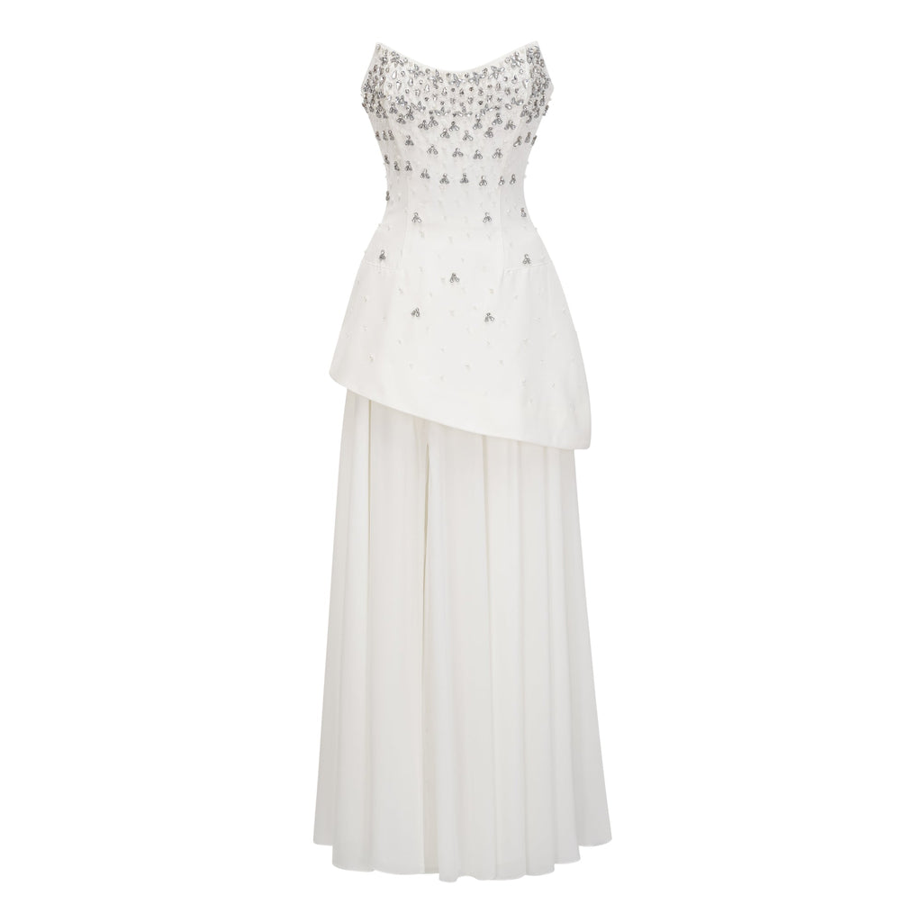 Conjunto de vestido y falda blancos de novia Melisande con adornos delicados y detalles elegantes, en color blanco.