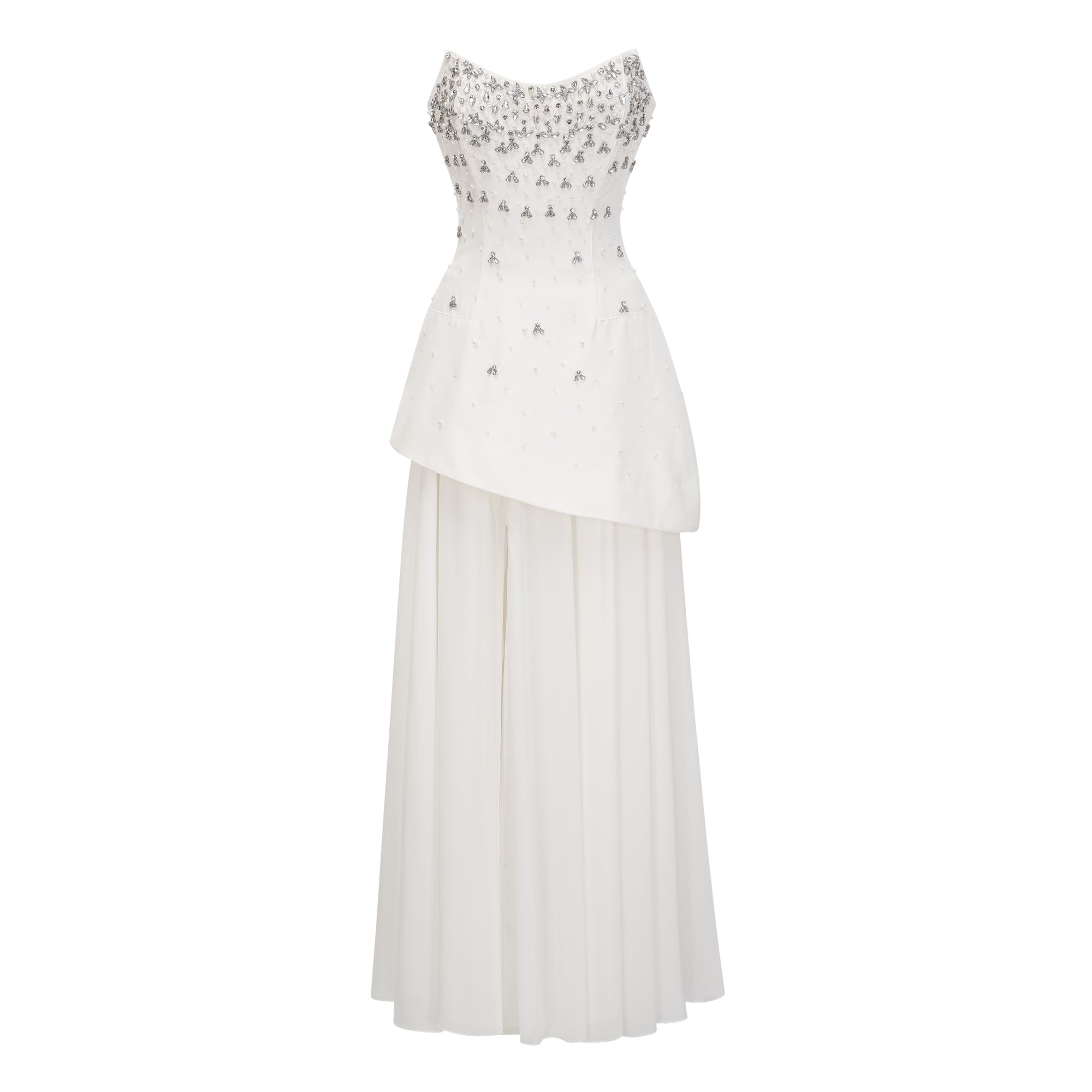Conjunto de vestido y falda blancos de novia Melisande con adornos delicados y detalles elegantes, en color blanco.