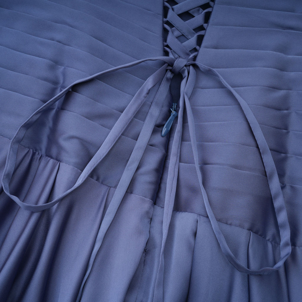 Angelína Blue Diagonal Pleated Gathered Maxi Gown