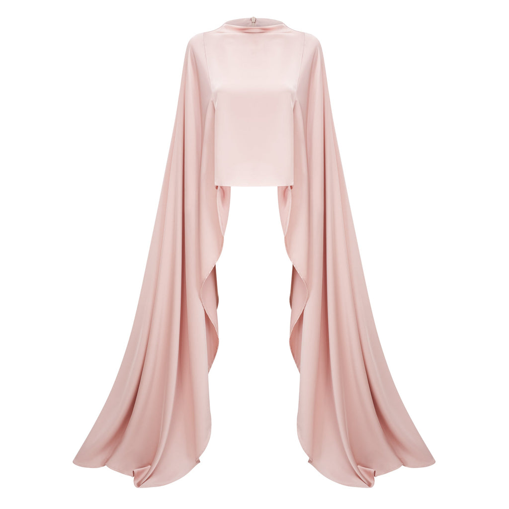Conjunto de top y falda de satén Everleigh Champagne con capa, vestido de novia elegante y sofisticado.