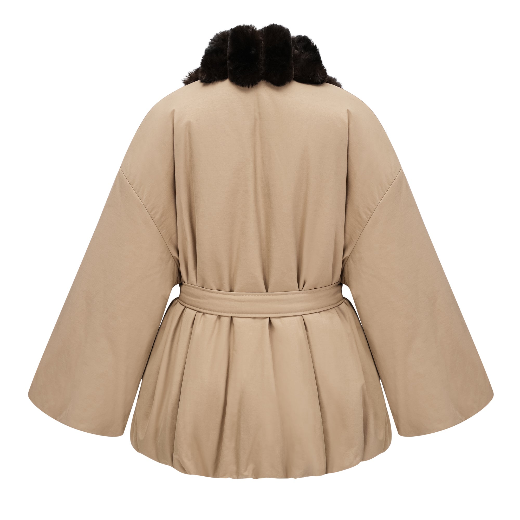 Chaqueta acolchada caqui Bridal con ribete de piel y bajo de burbuja, diseñada para estilo y comodidad.