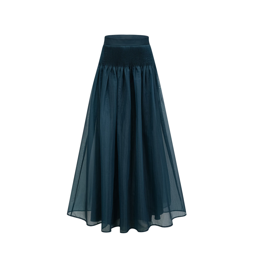 Conjunto de blusa y falda a juego en verde oscuro con lazo de Final Sale, en tela ligera y elegante.