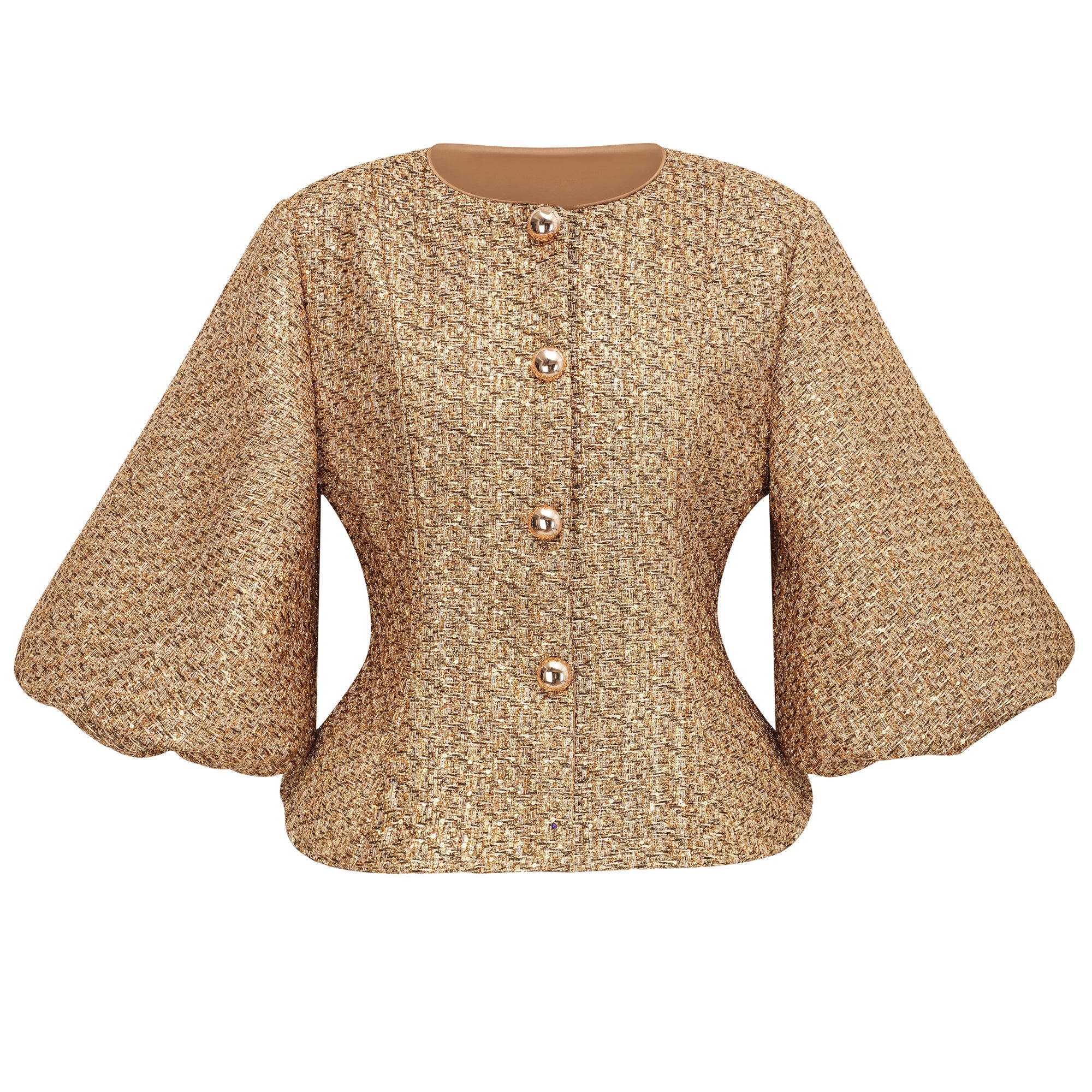 Chaqueta de tweed dorado con lentejuelas Clothilde de la marca Final Sale, vista frontal sobre fondo neutro.