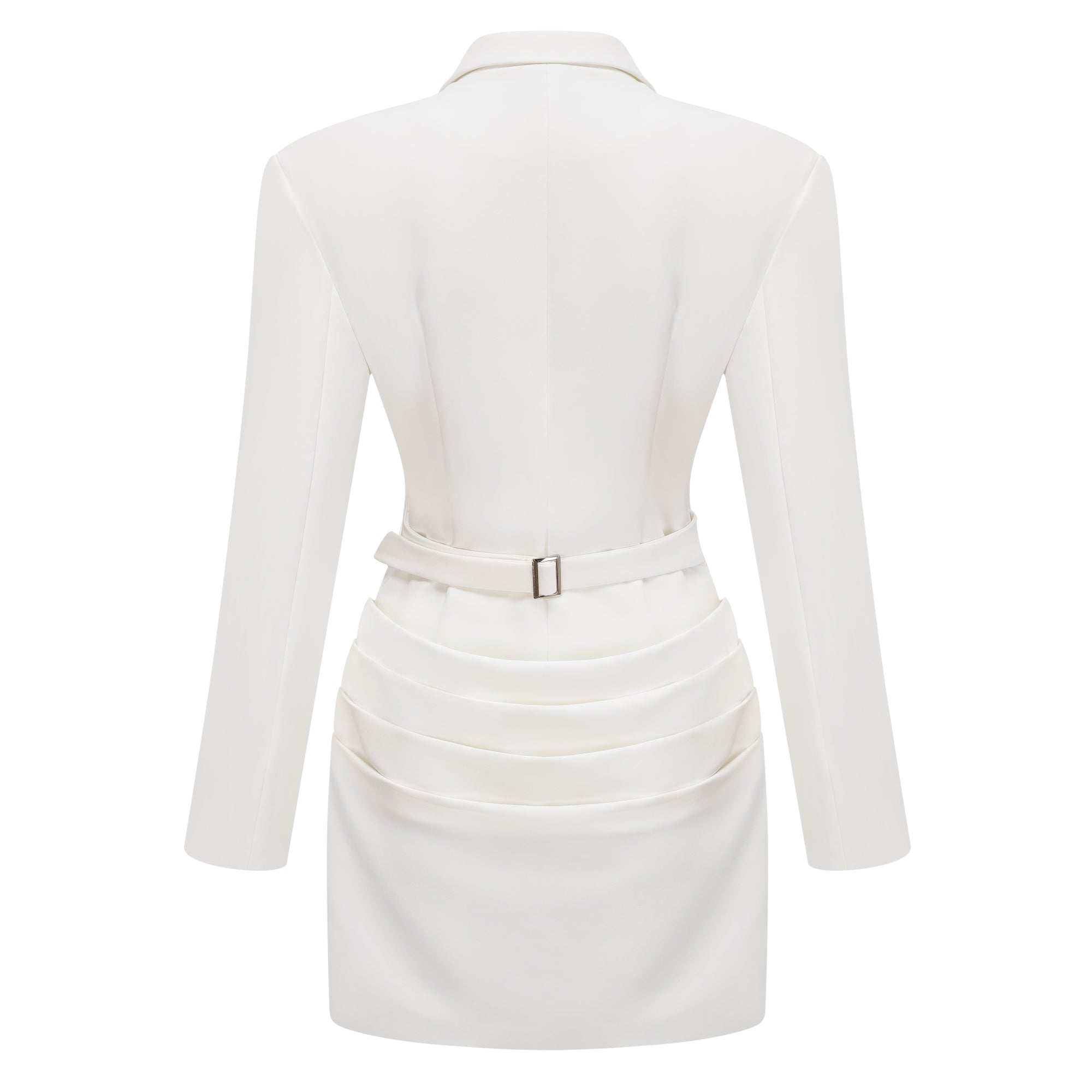 Vestido blazer mini blanco con fruncido de la marca Final Sale, elegante y ajustado, con detalles de roseta en la parte superior.