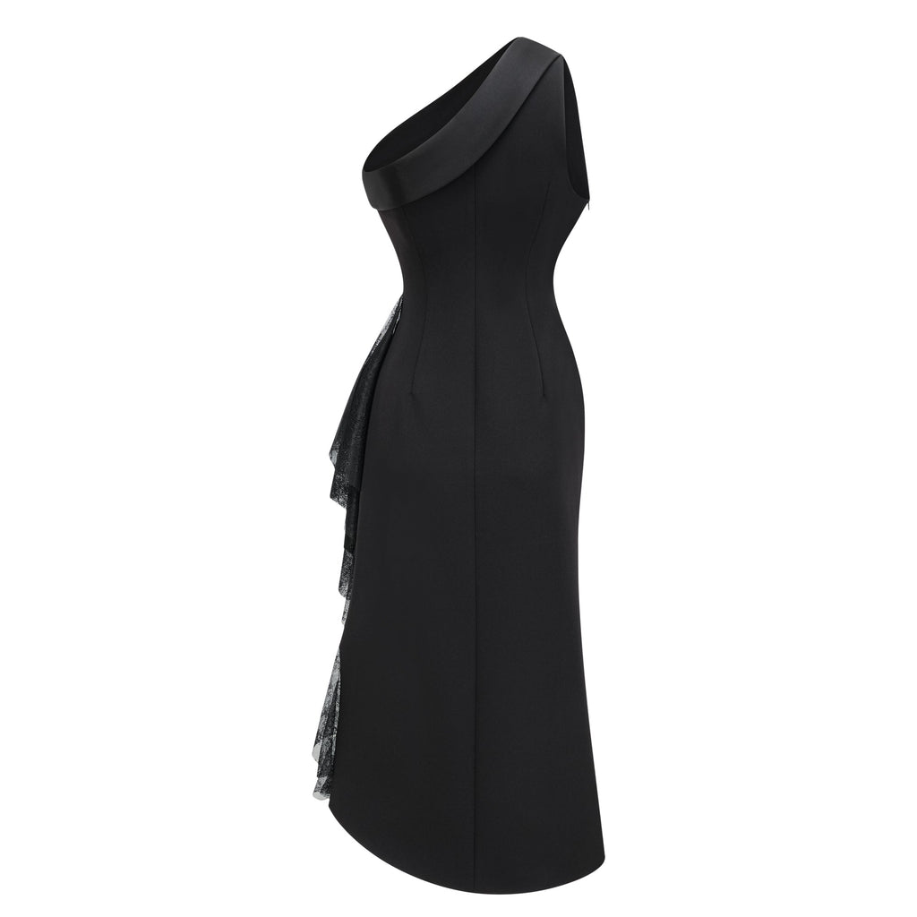 Bernadette black lace-panell asymmetrical midi dress (Final Sale-US Only)