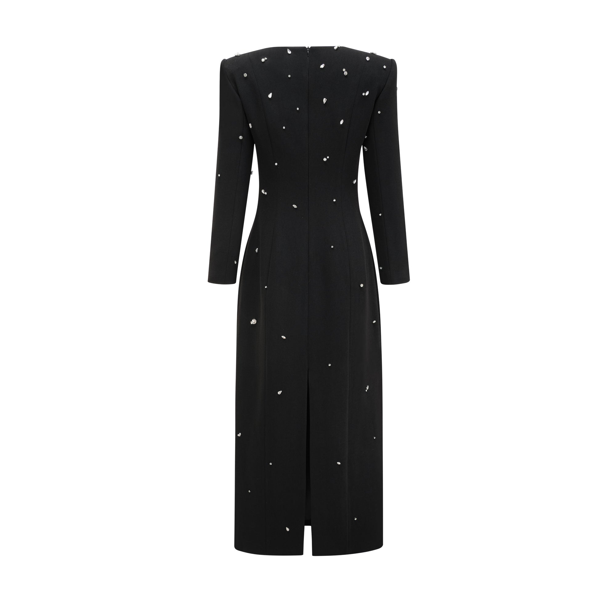 Vestido largo negro Imelda de Final Sale con cristales brillantes y diseño elegante, mostrado en la imagen.