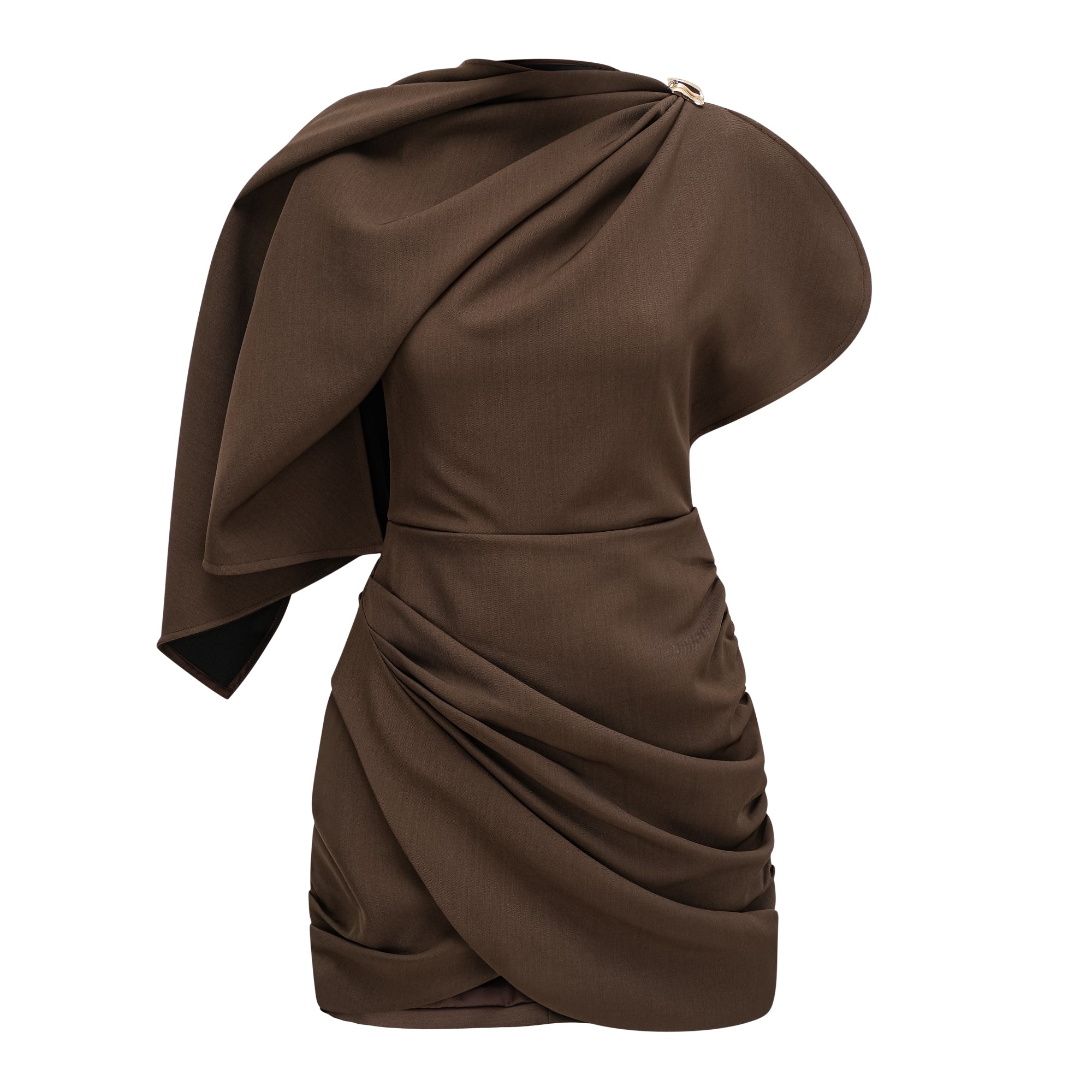 Vestido mini asimétrico marrón Francesca Final Sale, con fruncido y diseño moderno, en vista frontal sobre fondo neutro.
