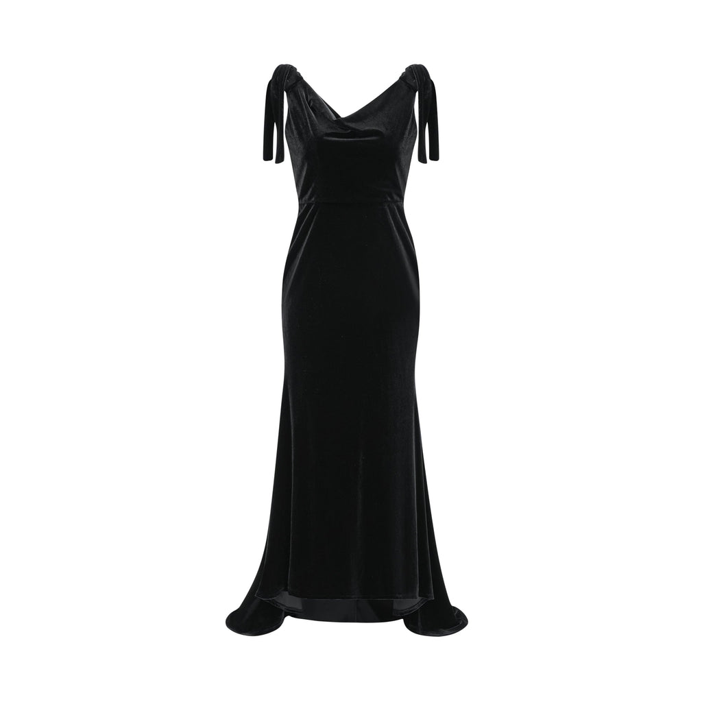 Vestido largo de terciopelo con adornos Audrey, abierto en la espalda, en color oscuro, diseñado por Final Sale para ocasiones elegantes.