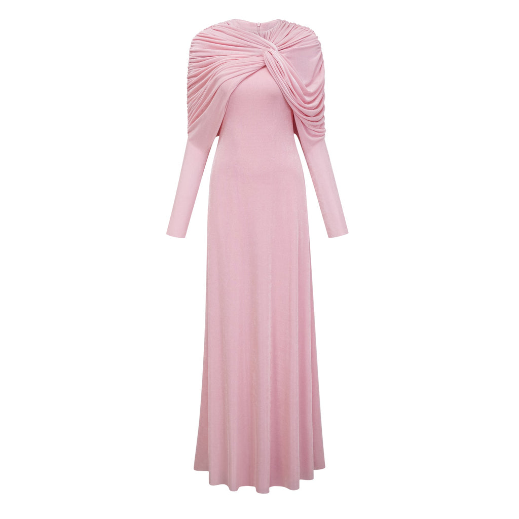 Vestido maxi rosa moderno de Final Sale con panel drapeado y detalles ruched, estilo elegante para ocasiones especiales.