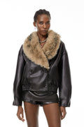 Dario Black Faux-fur Lapel Leather Coat