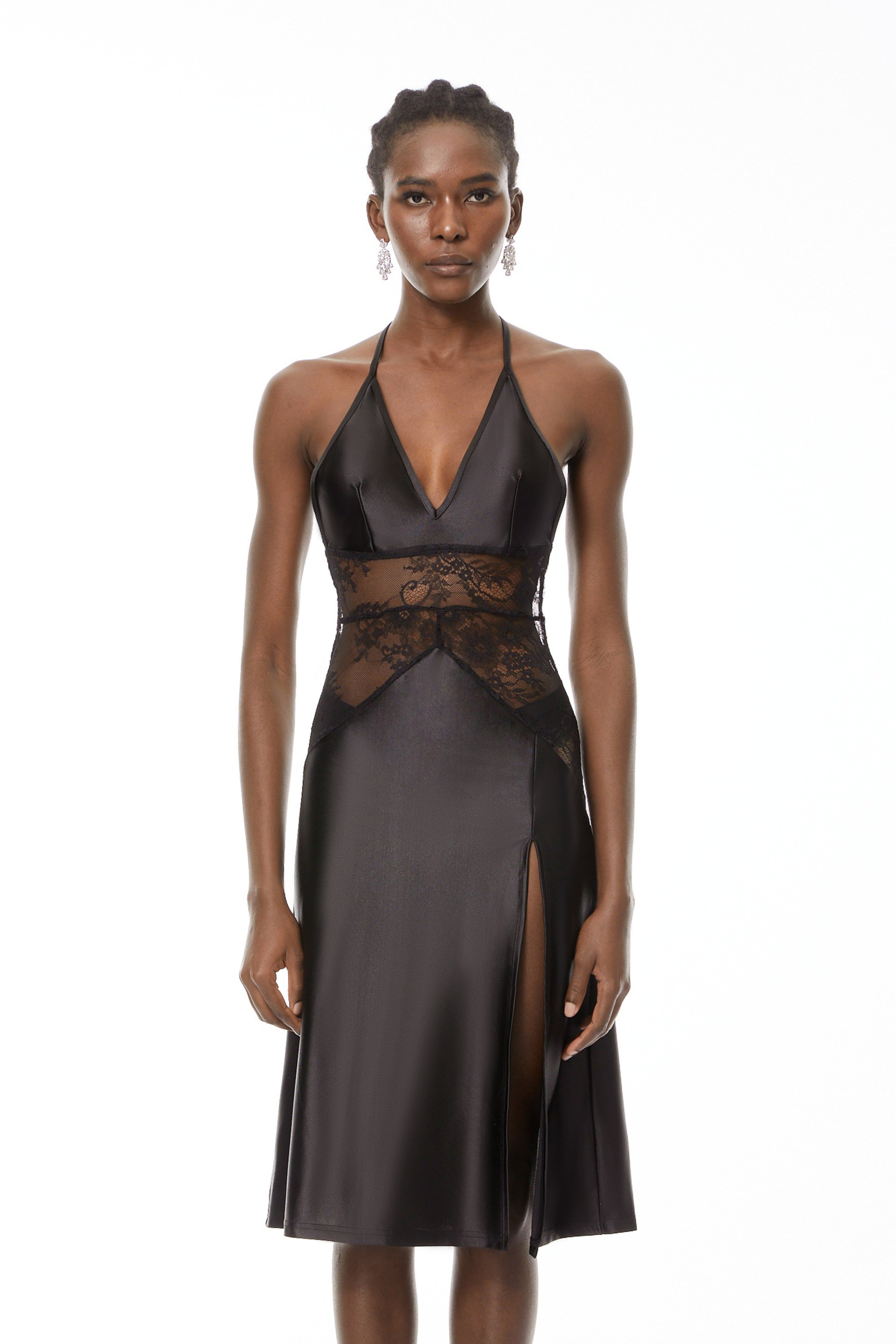 Denisa Black Lace Panel Midi Dress