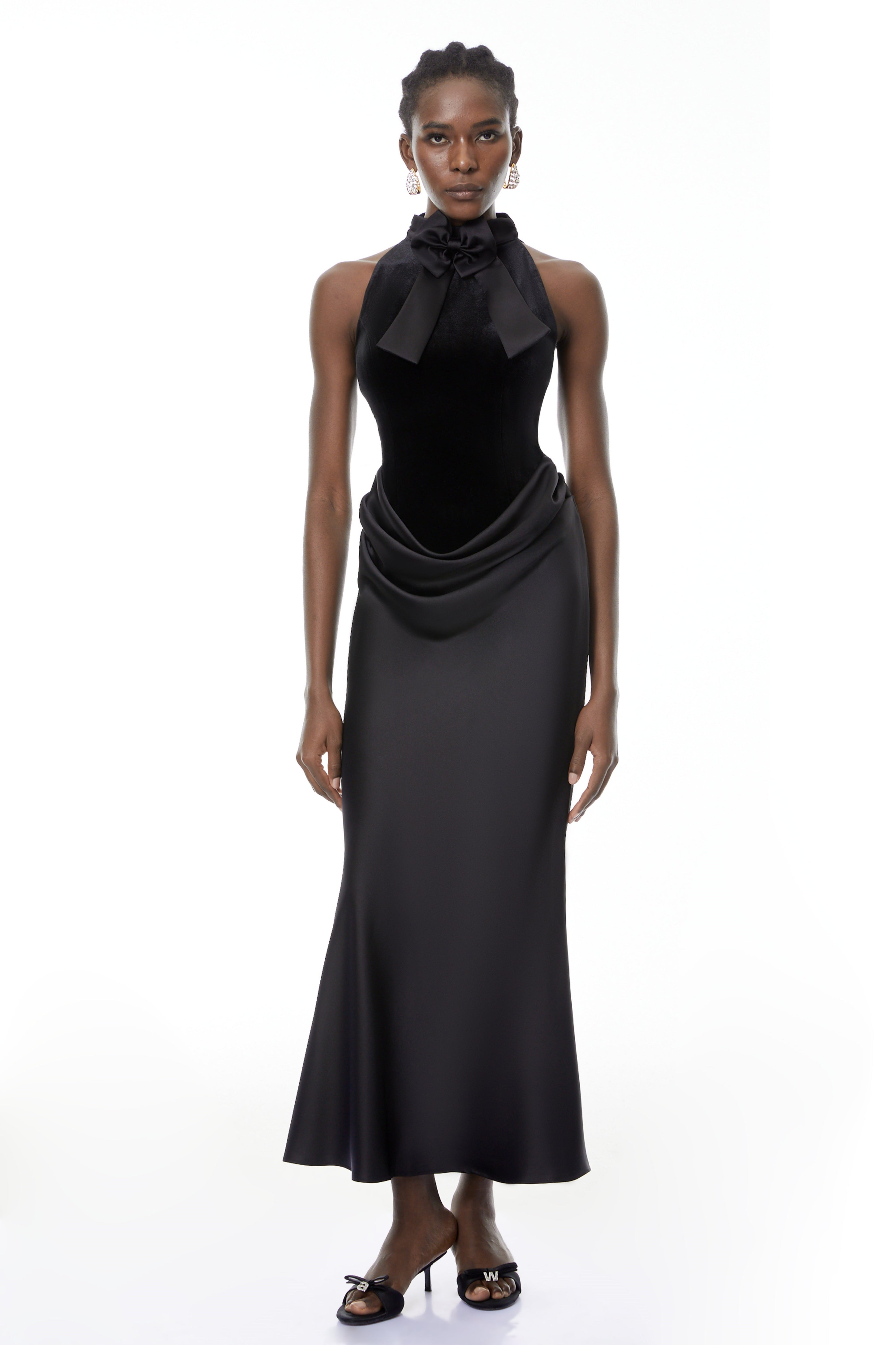 Ecaterina Black Bow Detail Corset Maxi Dress