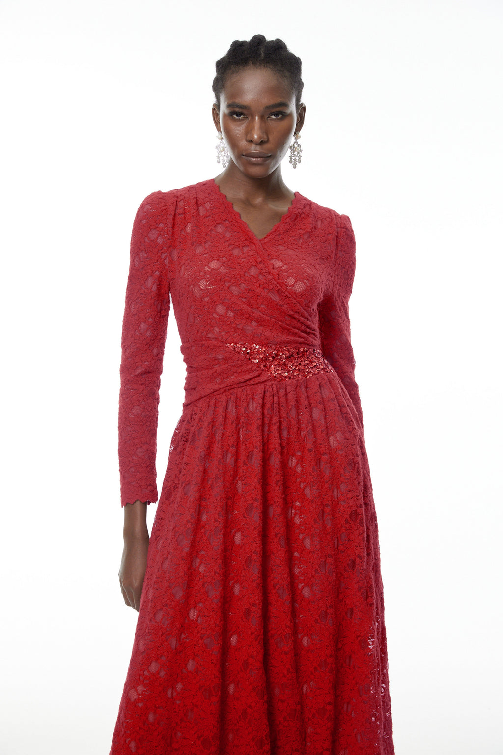 Eirlys Red Floral Lace Midi Dress with Embellishment