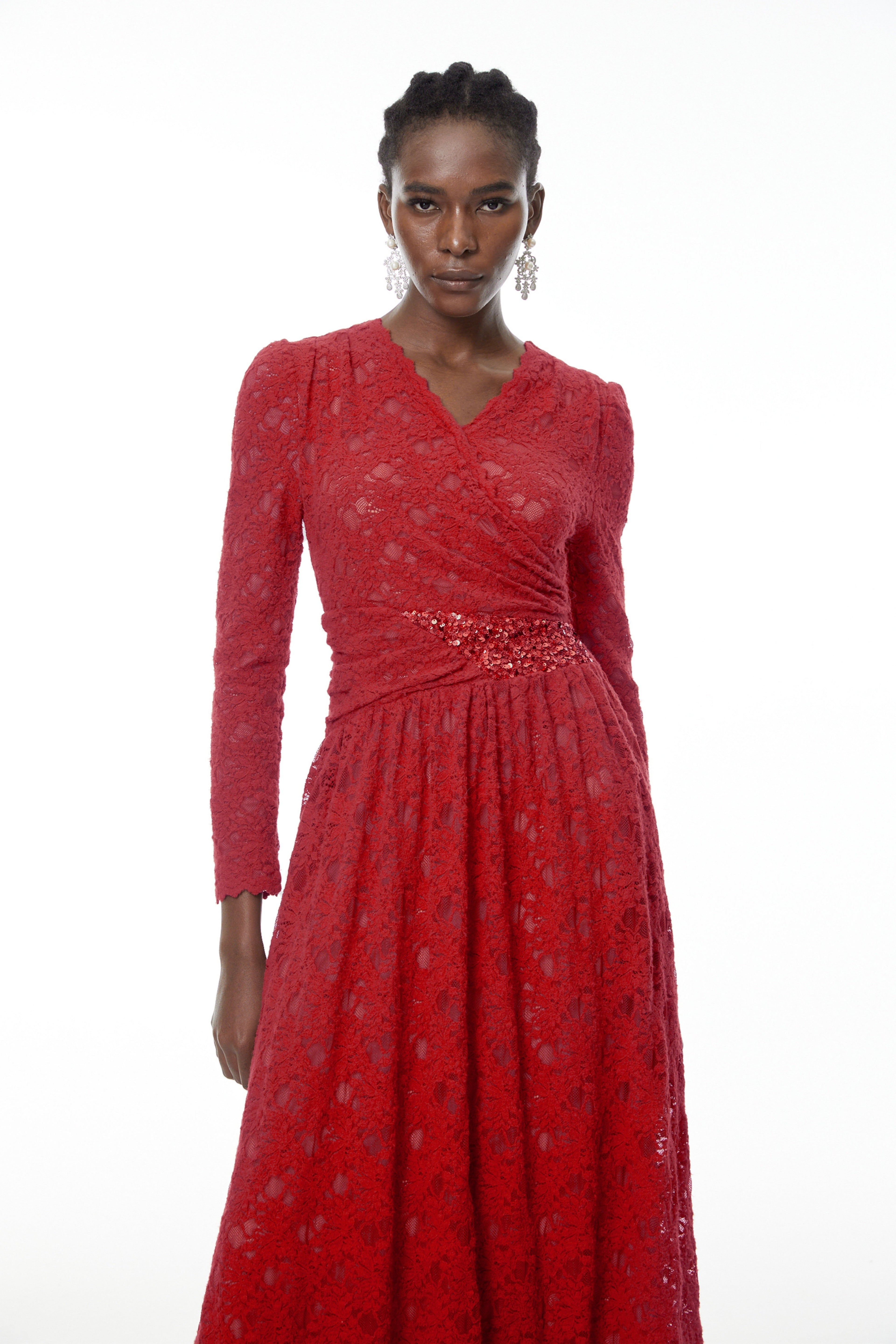 Eirlys Red Floral Lace Midi Dress with Embellishment