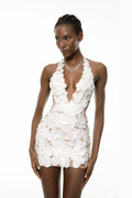 Elara White Halterneck 3D Petal Mini Dress