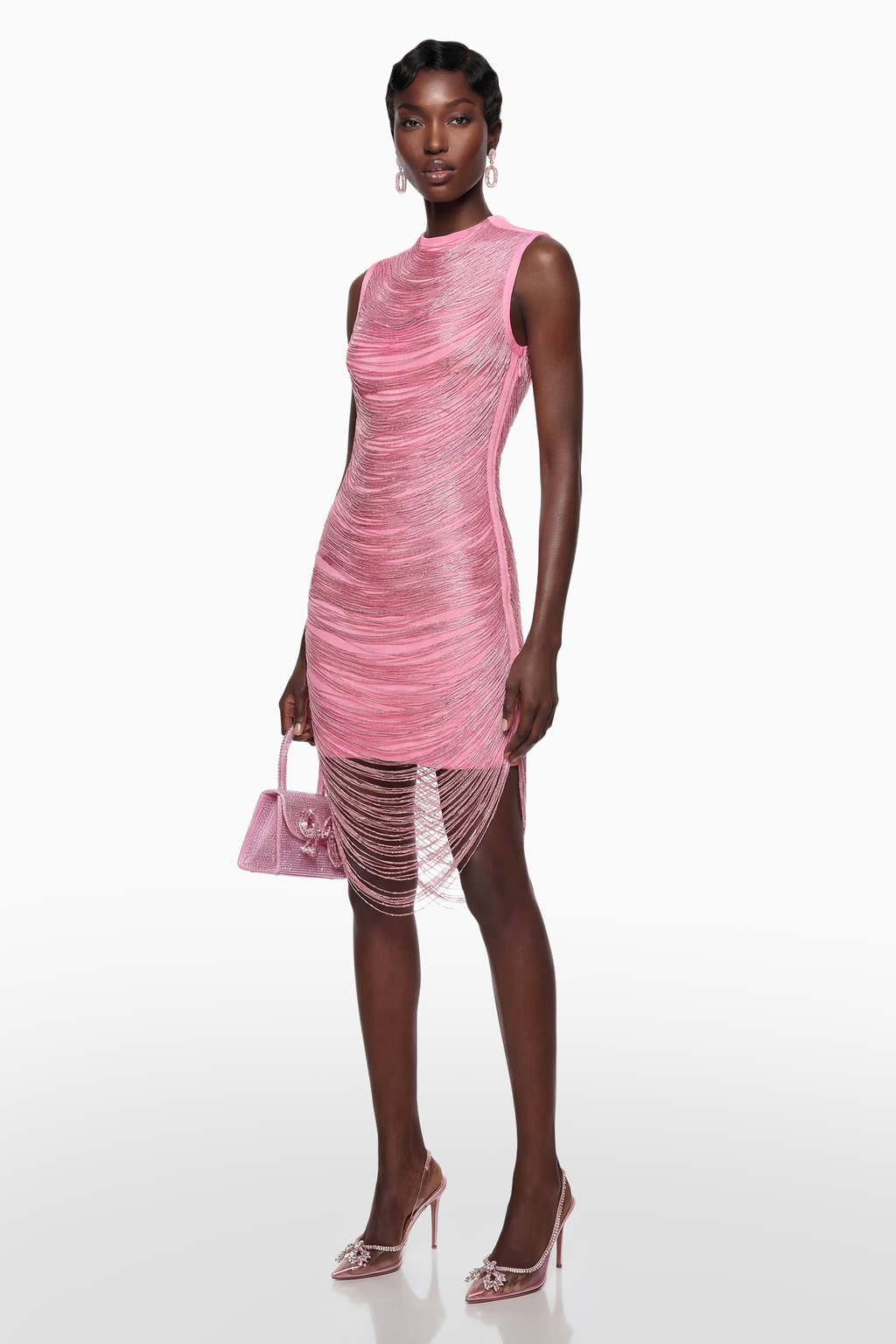 Vestido mini bandage rosa Eleonora de MRTokyo con flecos y diseño ajustado, con detalles en la parte superior y falda corta.