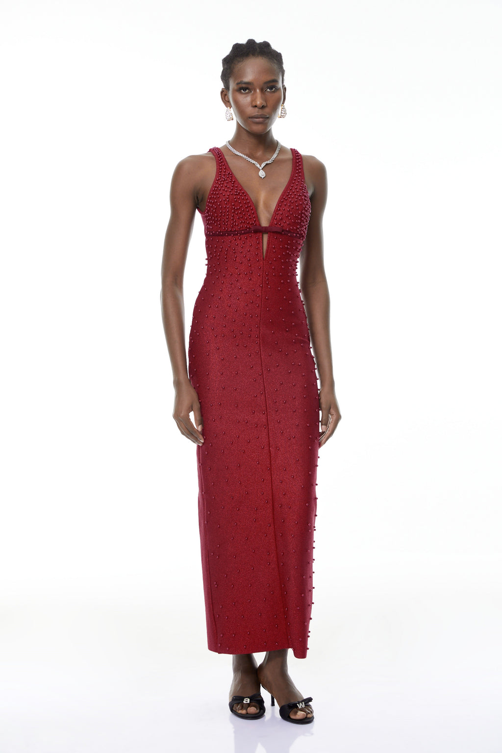 Eliana Red Bandage Maxi Dress with Pearls