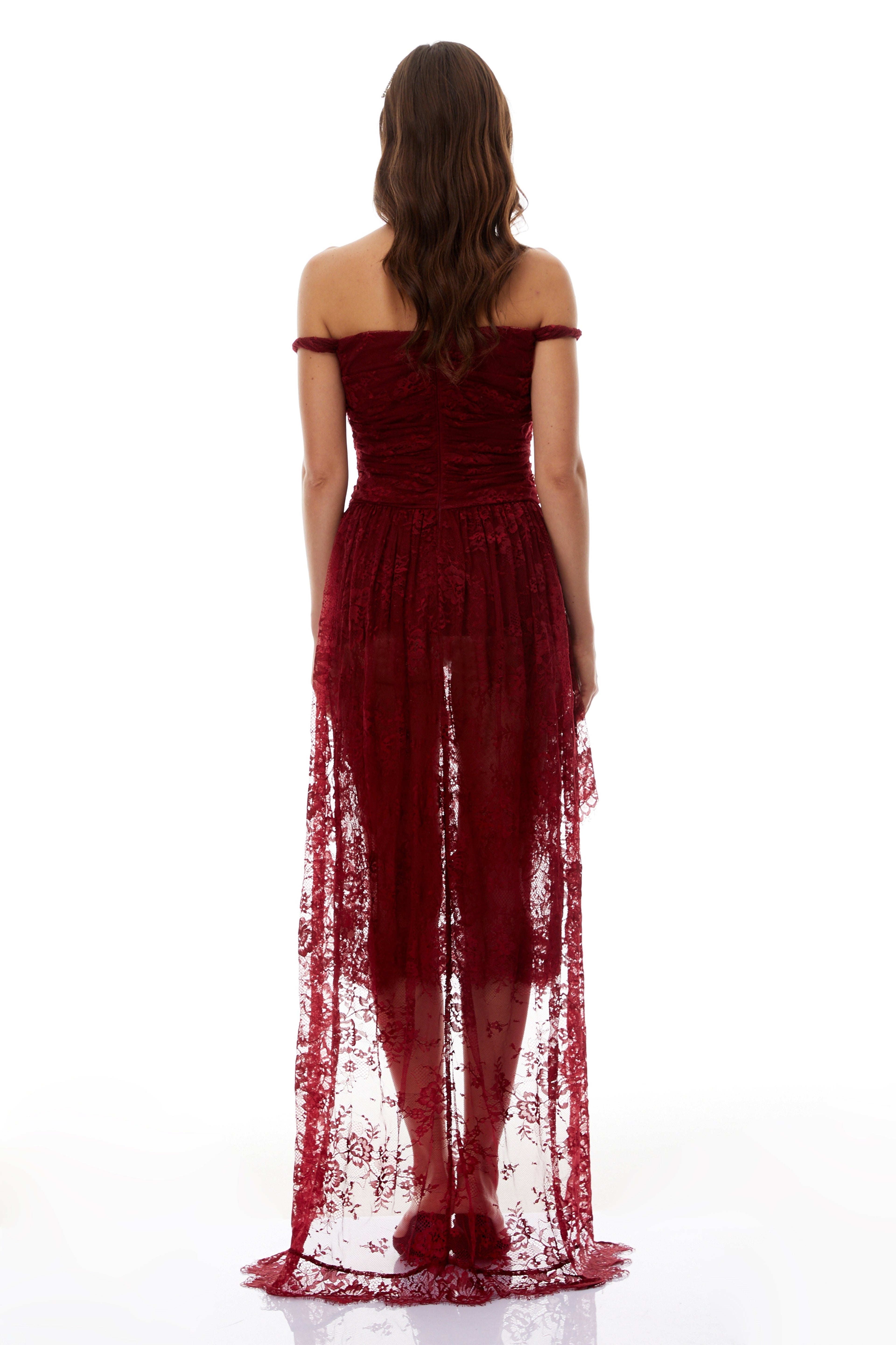 Eline Burgundy Ruched Floral Lace Gown