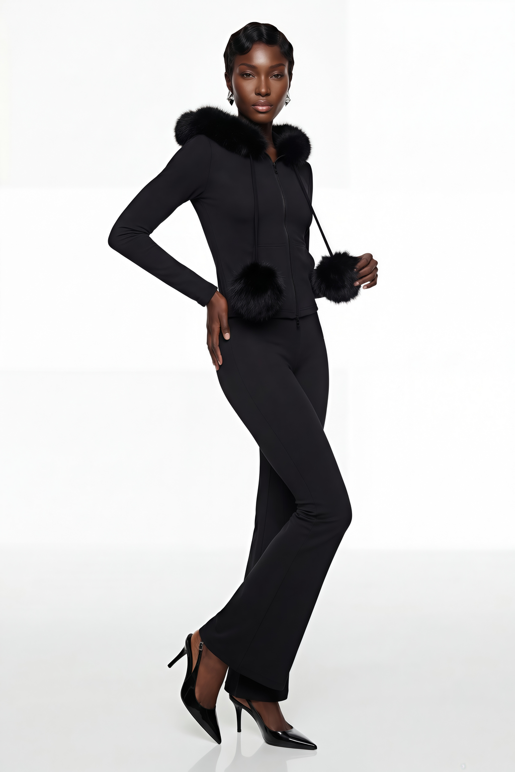 Conjunto de sudadera con capucha negra y pantalones acampanados de MRTokyo, vista del conjunto completo en la imagen.