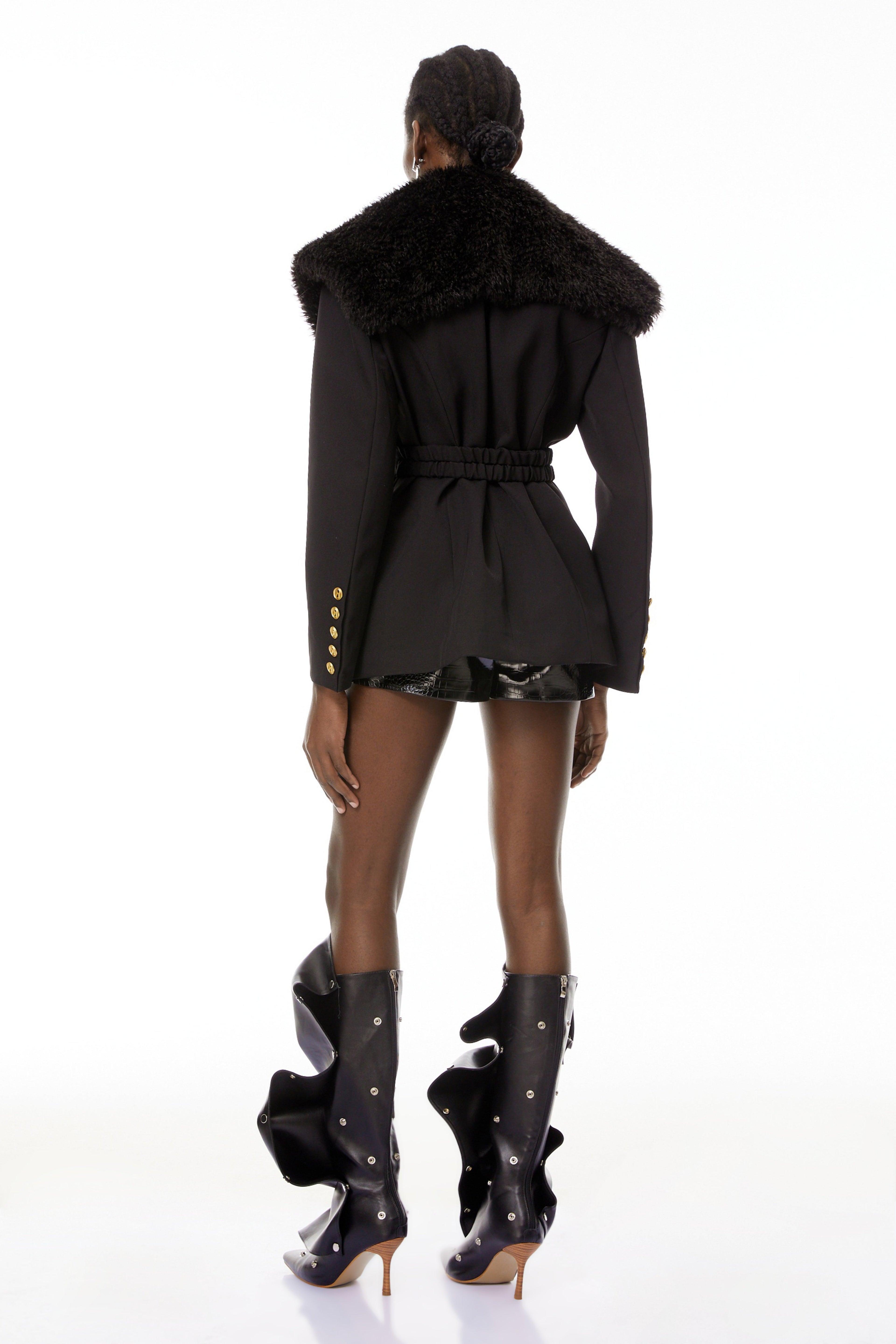 Elsa Black Fur Lapel Blazer With Belt