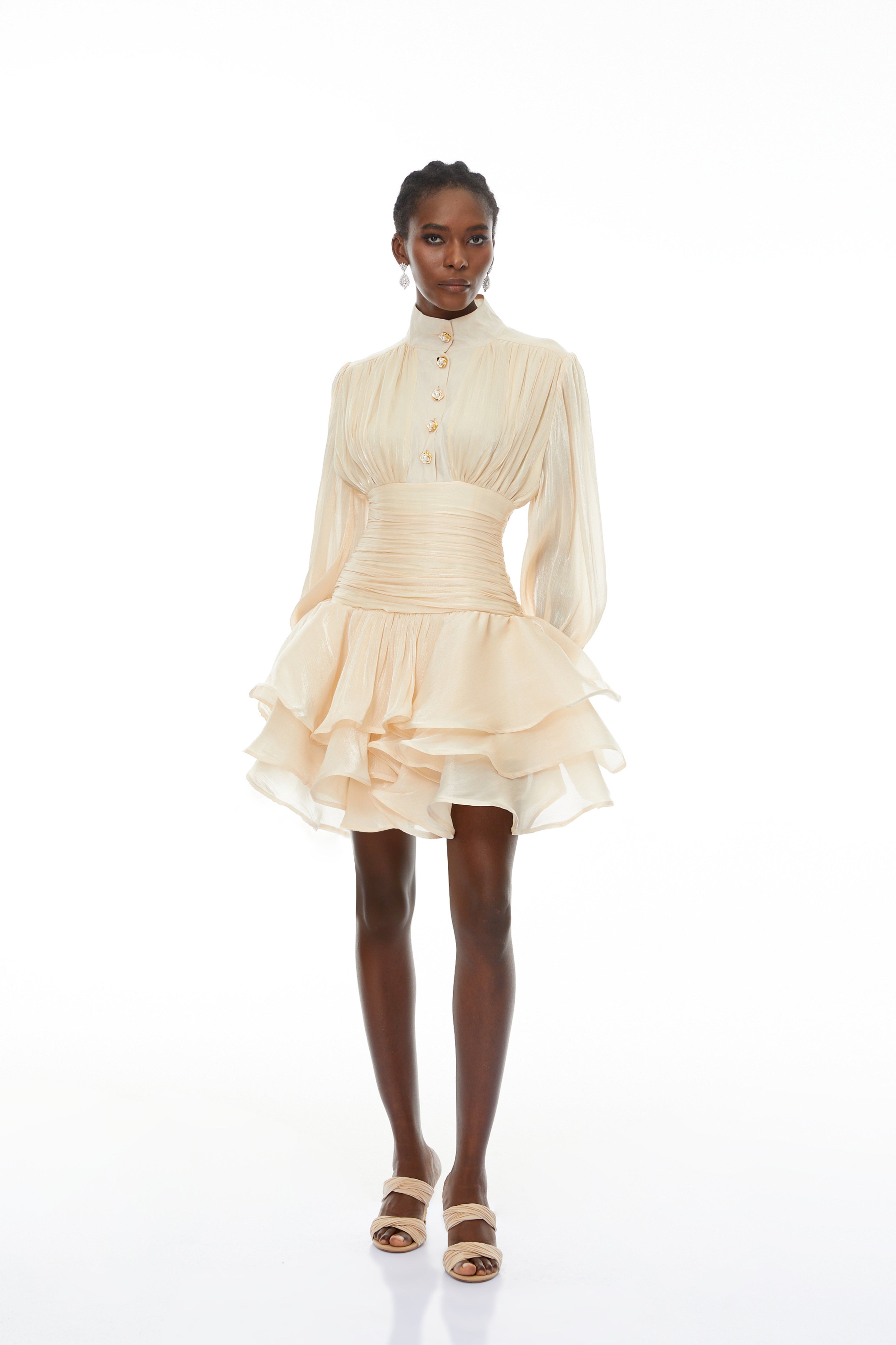 Emersyn Neutrals High-Neck Ruffled Detail Mini Dress