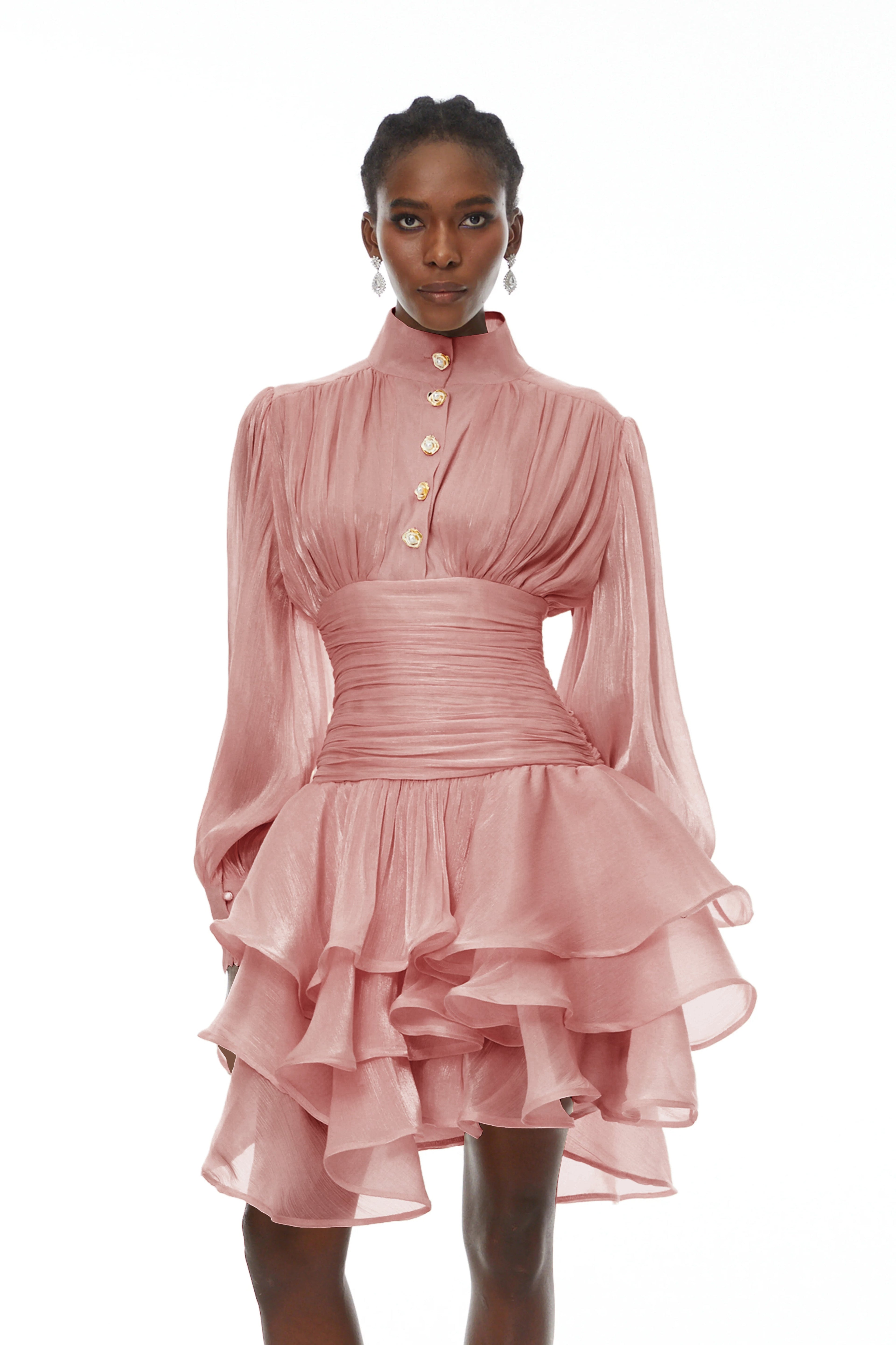 Emersyn Pink High-Neck Ruffled Detail Mini Dress