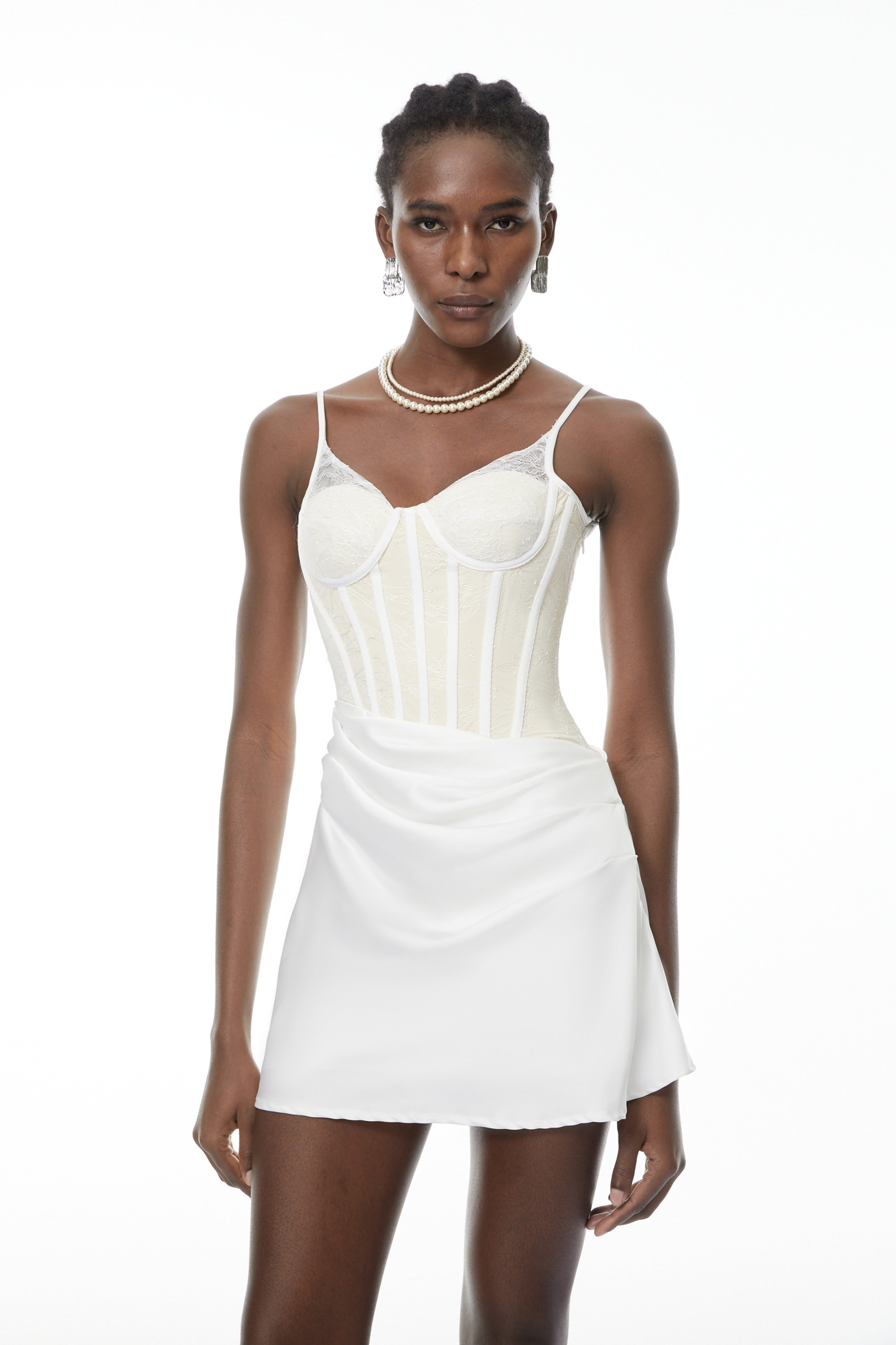 Eufrosina White Bodycon Mini Dress with Lace Panels