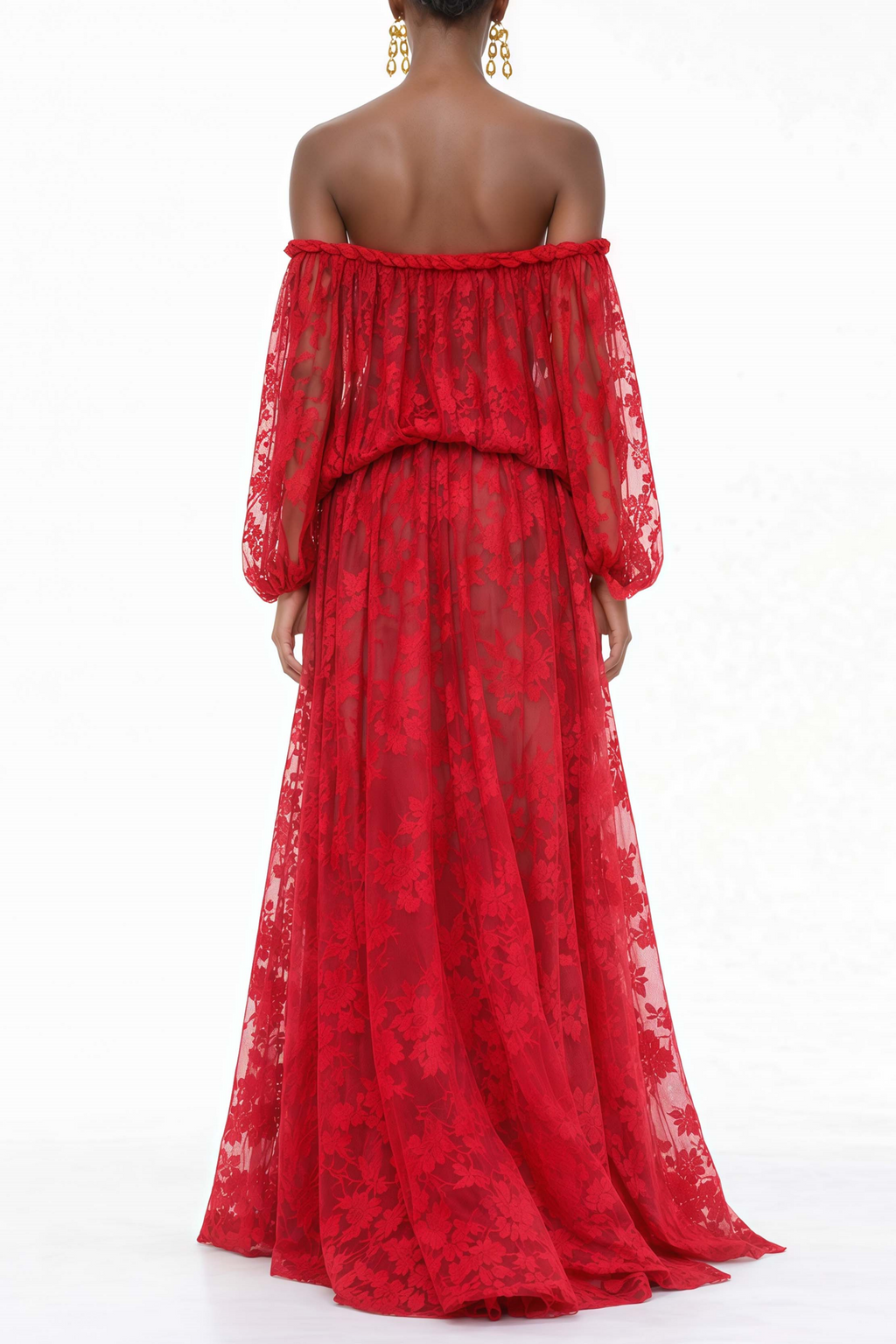 Vestido maxi rojo con aplicaciones florales de MRMelbourne, diseño elegante y femenino con detalles de flores en la parte superior.