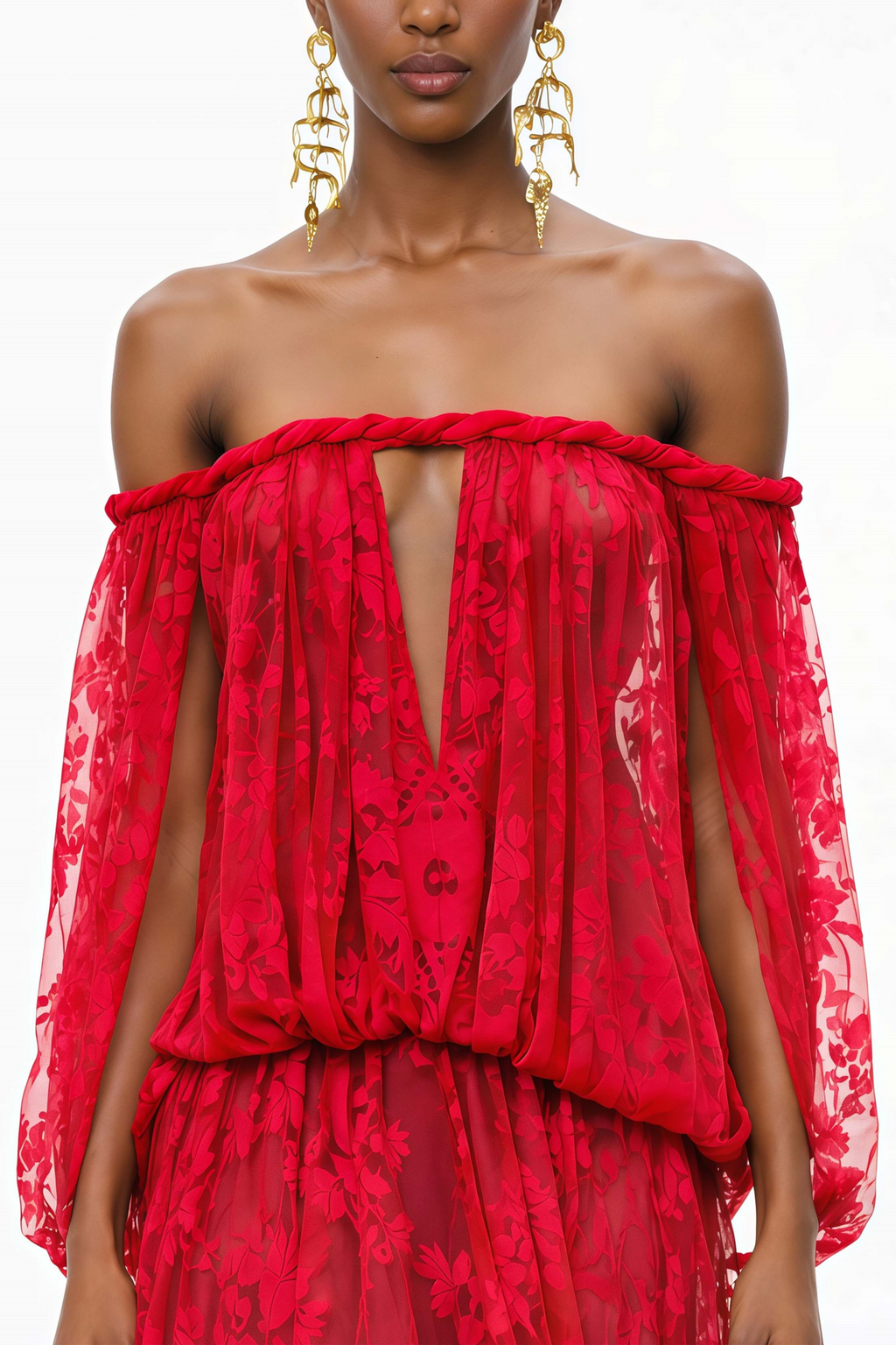 Vestido largo maxi rojo con bordados florales y detalles de aplique de la marca MRMelbourne, exhibido en la imagen.