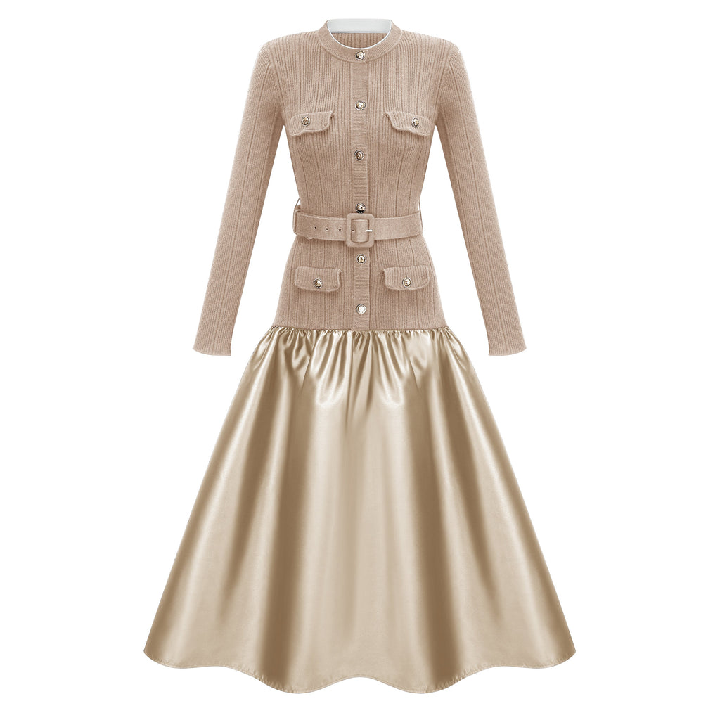 Vestido midi de punto satinado Fern Gold de la marca Final Sale, con paneles en tonos dorados y diseño elegante.
