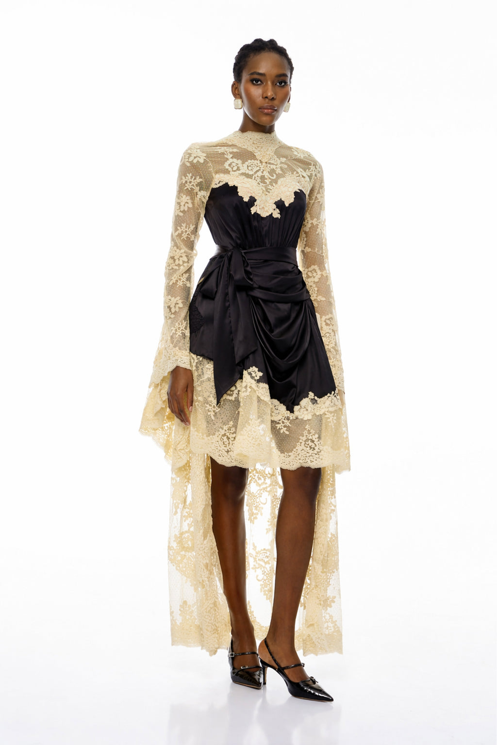 Francesca Black Self-tie Lace Midi Dress