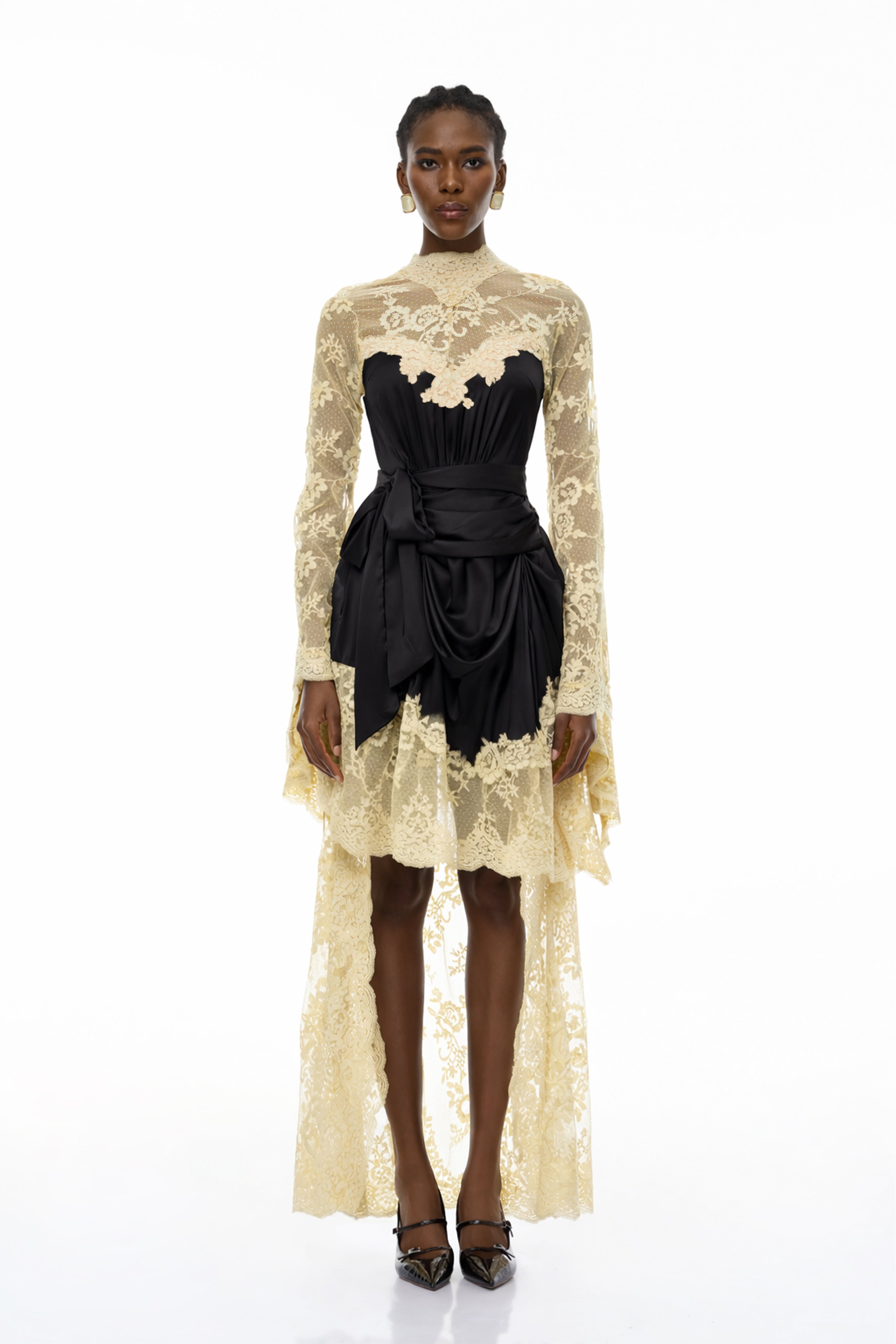 Francesca Black Self-tie Lace Midi Dress
