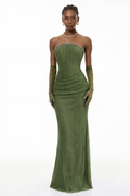 Vestido maxi corsé adornado verde Franziska de MRNewyork, con detalles brillantes y diseño ajustado.
