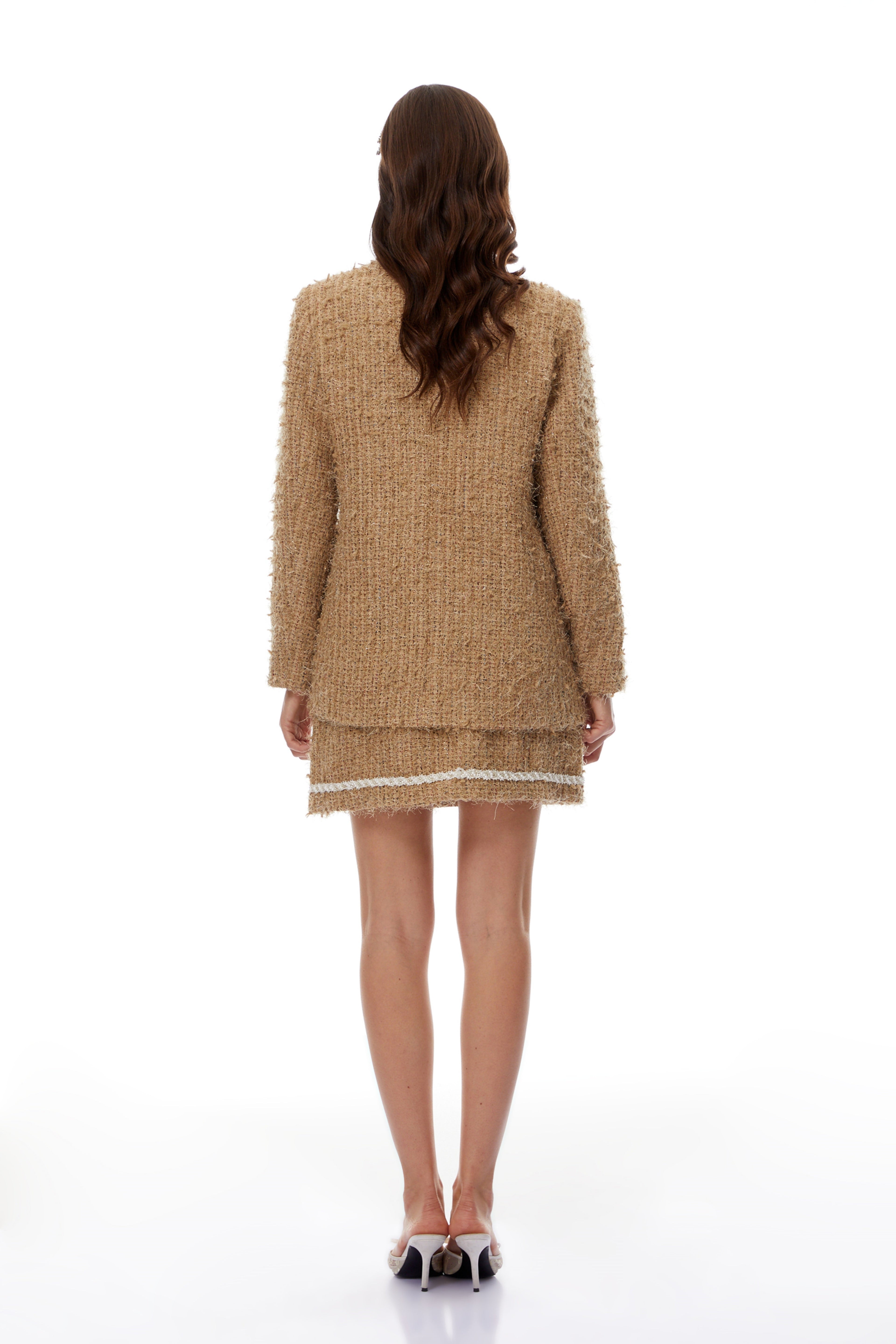 Ghita Gold Tweed Jacket & Sef-Tie Shirt & Skirt Set