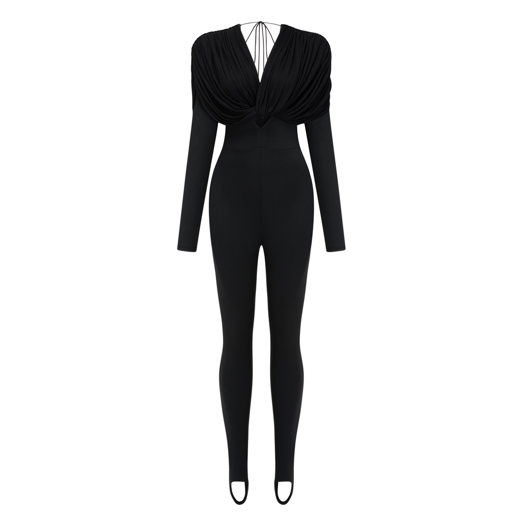 Gianina Black Deep V-Neck Draped Jumpsuit