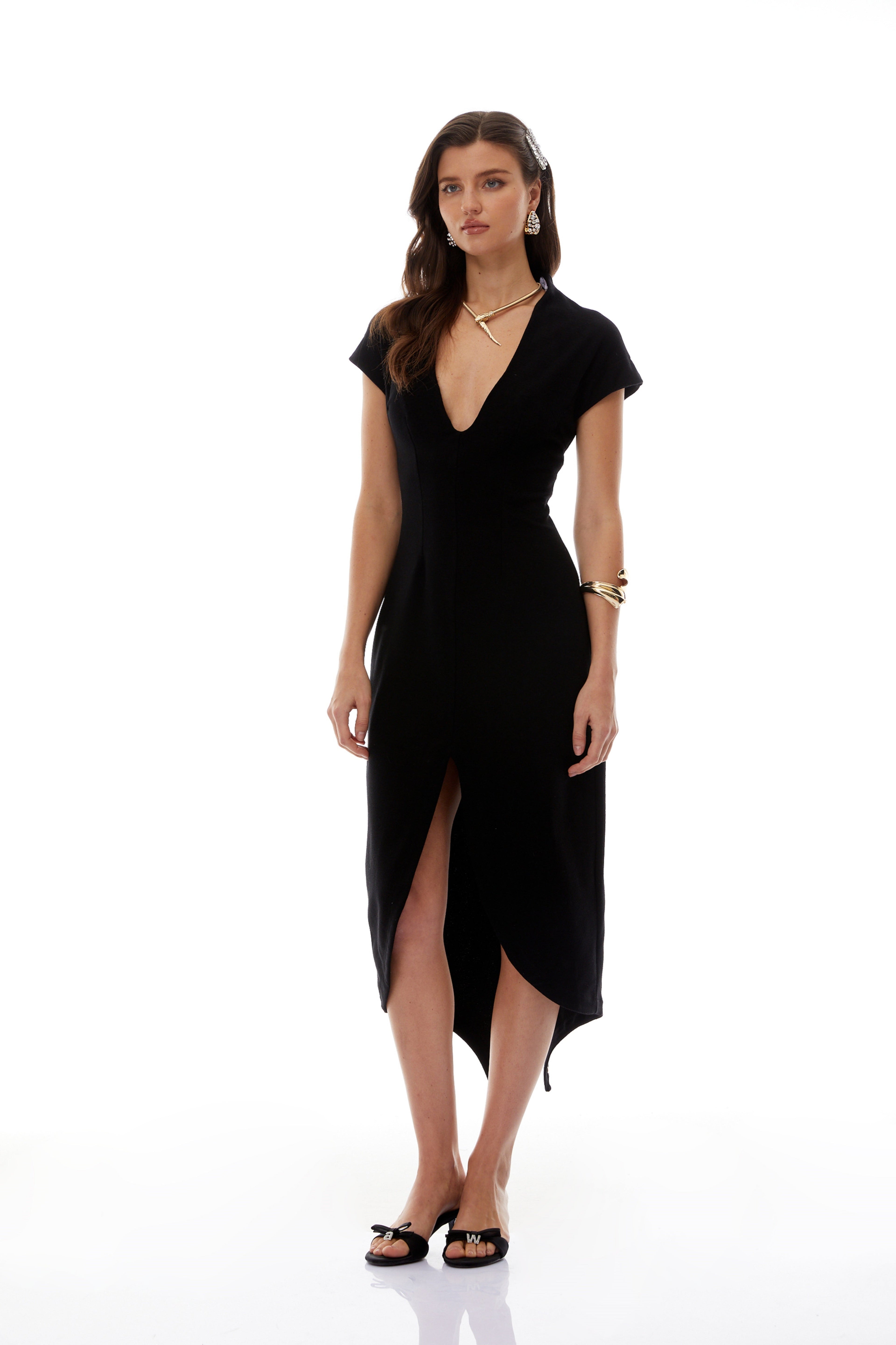Gisela Black Deep V-Neck Self-Tie Midi Dress